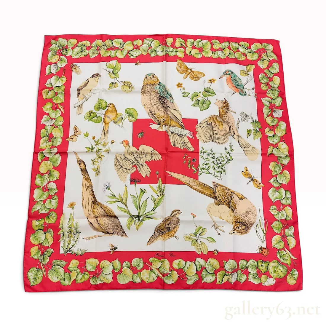 Hermes Xavier de Poret La Vie au Grand Air Silk Scarf with Box: Hermes silk twill scarf in the pattern La Vie au Grand Air, designed by renowned wildlife illustrator Xavier de Poret. The design consists of a central red square surrounded by a wide red border decor