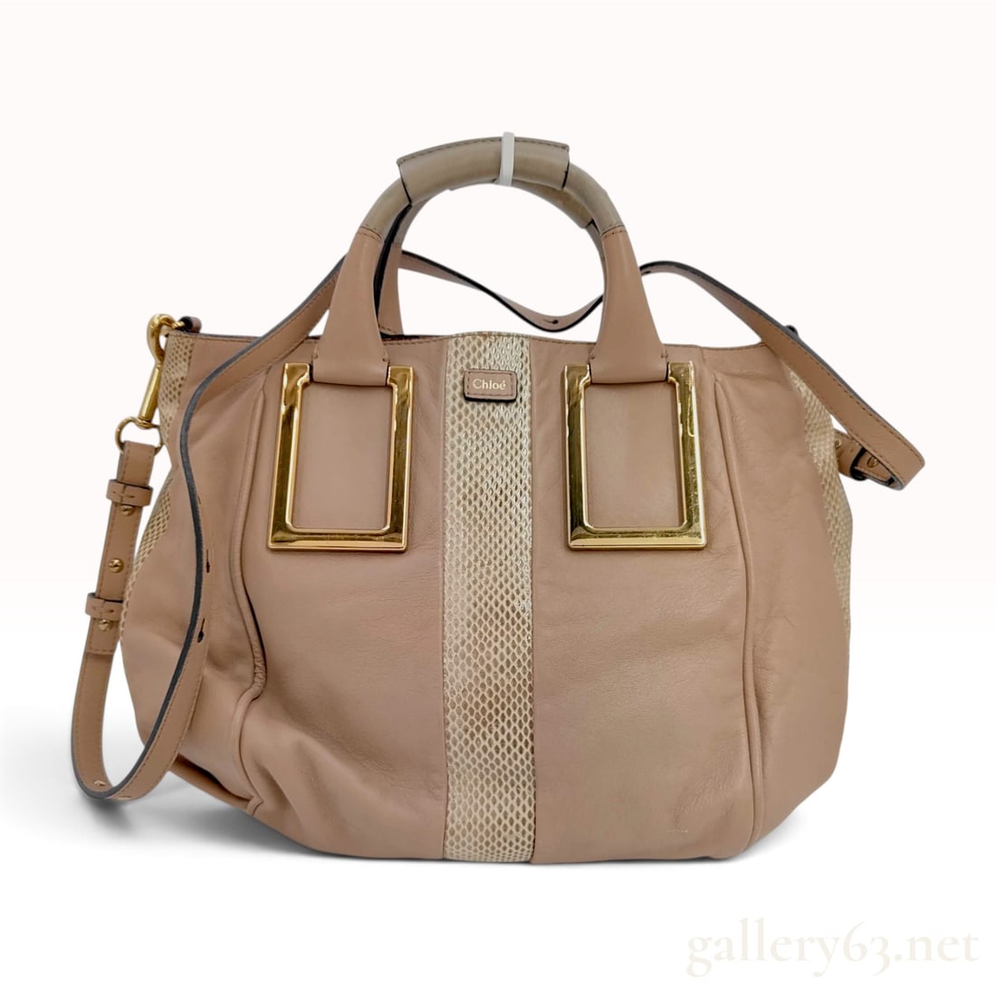 Chloe Ethel Tan Leather and Snakeskin Textured Satchel: This Chloe Ethel satchel is crafted from tan smooth leather with a central vertical panel and side panels in a natural-toned snakeskin-textured leather. The bag features a structured yet slouchy silho