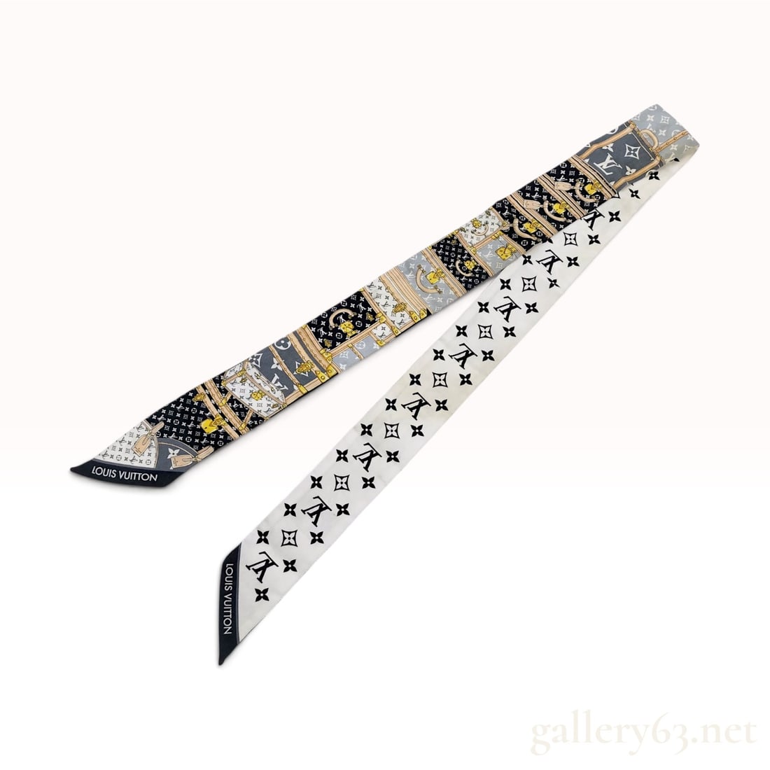 Louis Vuitton Silk Let's Go BB Bandeau: A Louis Vuitton silk twill bandeau scarf in the Let's Go BB pattern. This double-sided accessory features a complex graphic montage on one side depicting a collection of iconic Louis Vuitton trunks,
