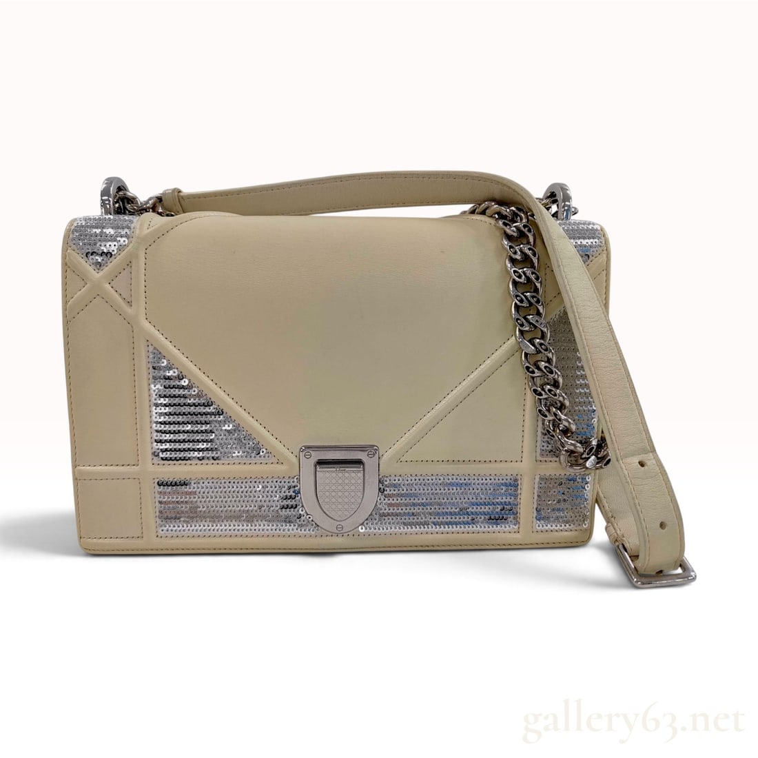 Christian Dior Diorama Lambskin Sequin Medium Shoulder Bag: A Christian Dior Diorama medium shoulder bag featuring off-white lambskin leather construction with silver-toned sequin panel embellishments in a geometric pattern. The bag is secured with a
