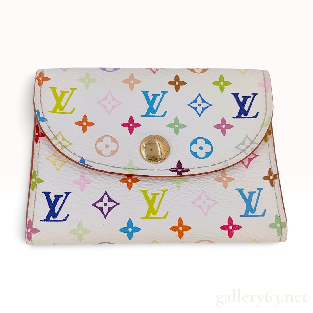 Louis Vuitton x Takashi Murakami Monogram Multicolore Porte-Monnaie Plat: This compact coin purse is a piece from the Louis Vuitton Monogram Multicolore collection, designed in collaboration with artist Takashi Murakami. The exterior is crafted from white coated canvas