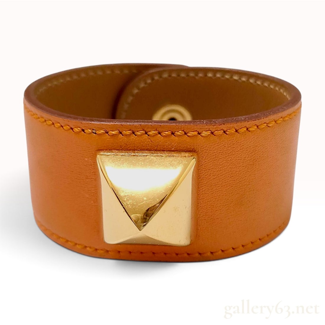 Hermes Tan Grained Leather Medor Pyramid Stud Cuff Bracelet (1 of 10)