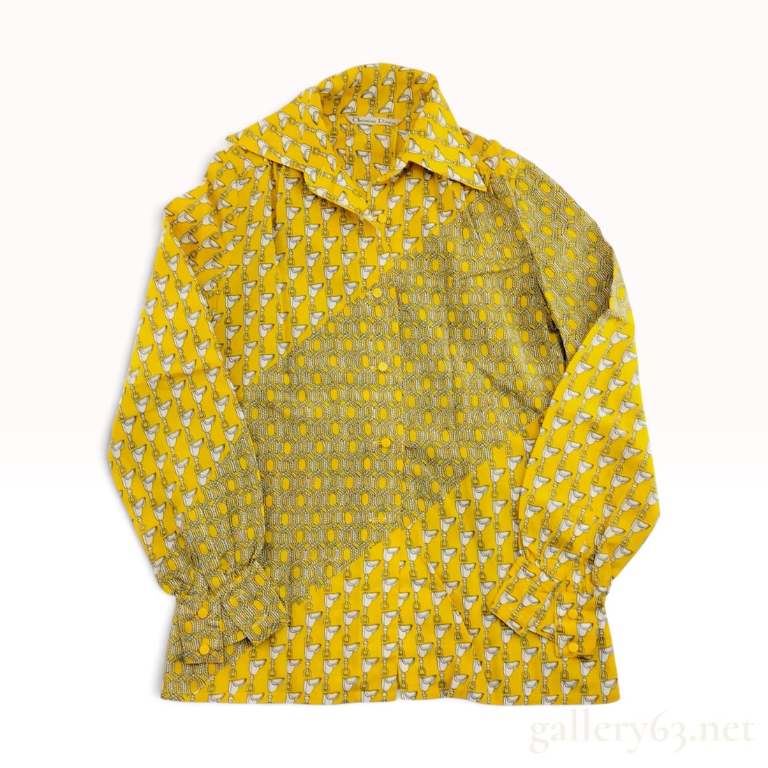 Christian Dior Vintage Equestrian and Geometric Print Long Sleeve Blouse Size M: A vintage Christian Dior long-sleeve button-up blouse featuring a bold, asymmetrical print in mustard yellow, white, black, and grey. The garment is constructed from a fabric blend of 80 percent aceta