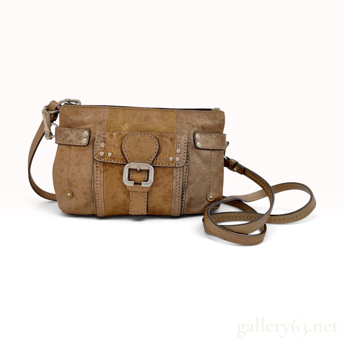 Chloe Distressed Metallic Leather Mini Crossbody Bag: A Chloe small crossbody bag constructed from panels of distressed metallic leather in a bronze tone. The front features a decorative flap pocket with a silver-tone buckle closure and stud detailing. T