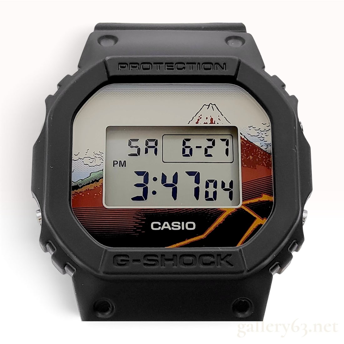 Casio G-Shock DW-5600KHSH25-1JR Katsushika Hokusai Mount Fuji Special Edition Digital Watch: A Casio G-Shock DW-5600KHSH25-1JR special edition digital watch, featuring artwork inspired by Katsushika Hokusai's Thirty-six Views of Mount Fuji. The watch is constructed with a matte black resin ca