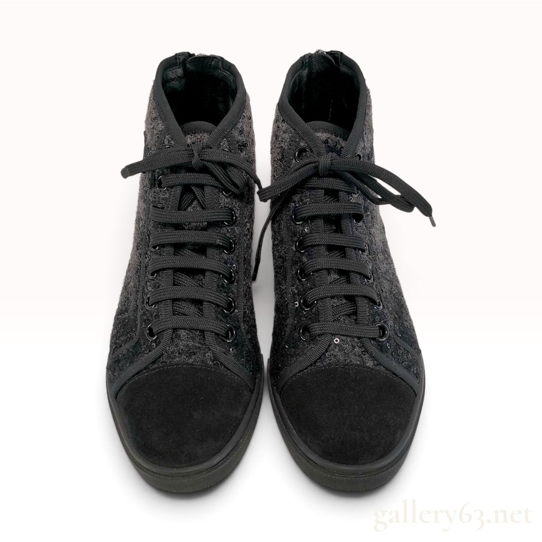 Louis Vuitton Punchy Wool and Sequin High Top Sneakers Size 37: A pair of Louis Vuitton Punchy model high-top sneakers. The uppers are crafted from a marled grey wool tweed interwoven with black and clear sequins. The design features black suede toe caps, black gr
