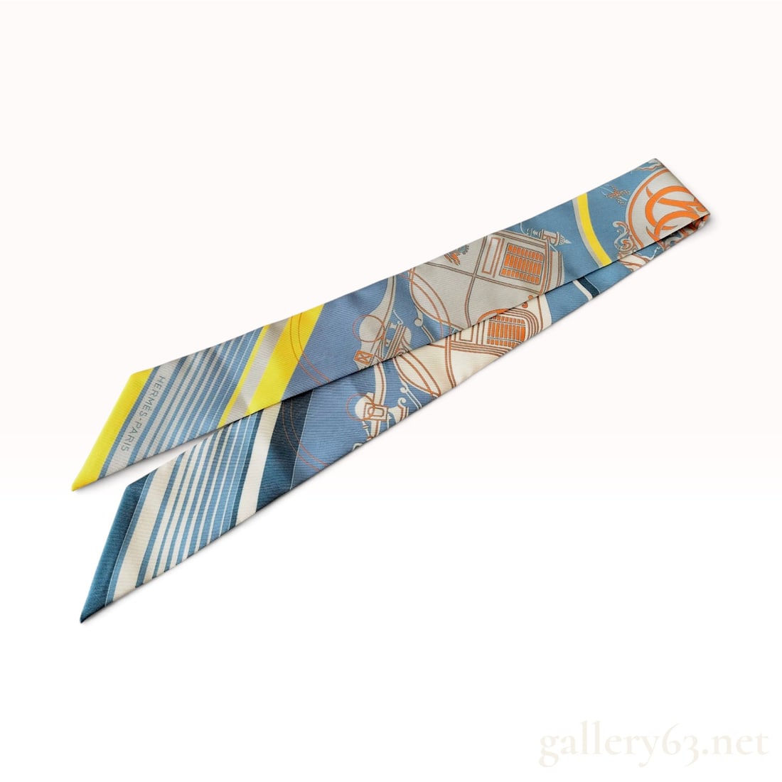 Hermes Ex-Libris Silk Twill Twilly Scarf in Bleu Moyen, Jaune Vif, and Orange (1 of 6)