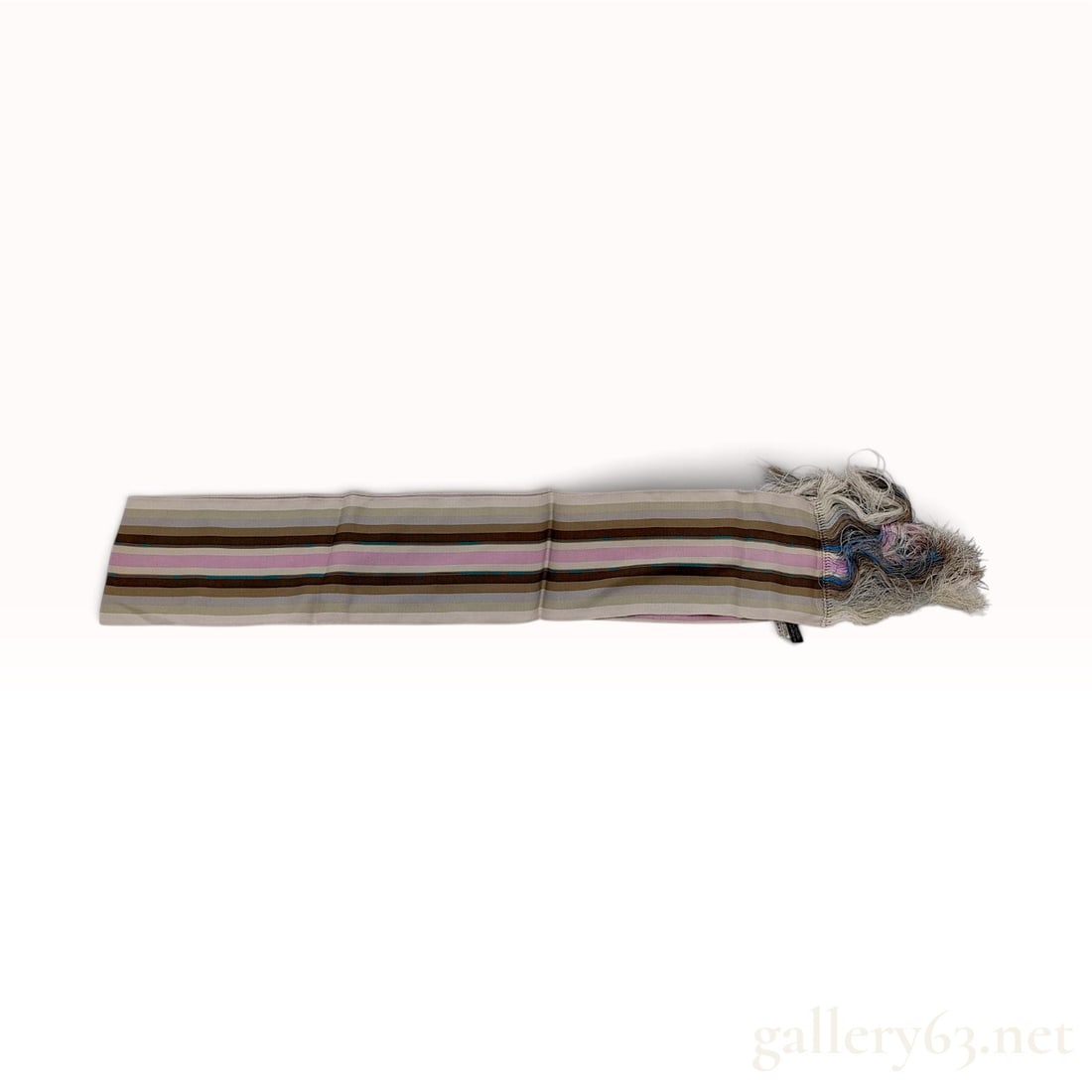 Louis Vuitton Striped Silk Skinny Scarf with Fringe: A Louis Vuitton silk skinny scarf featuring a horizontal striped pattern in a palette of cream, beige, taupe, chocolate brown, mauve/pink, and teal blue. The accessory is constructed from 100% silk an
