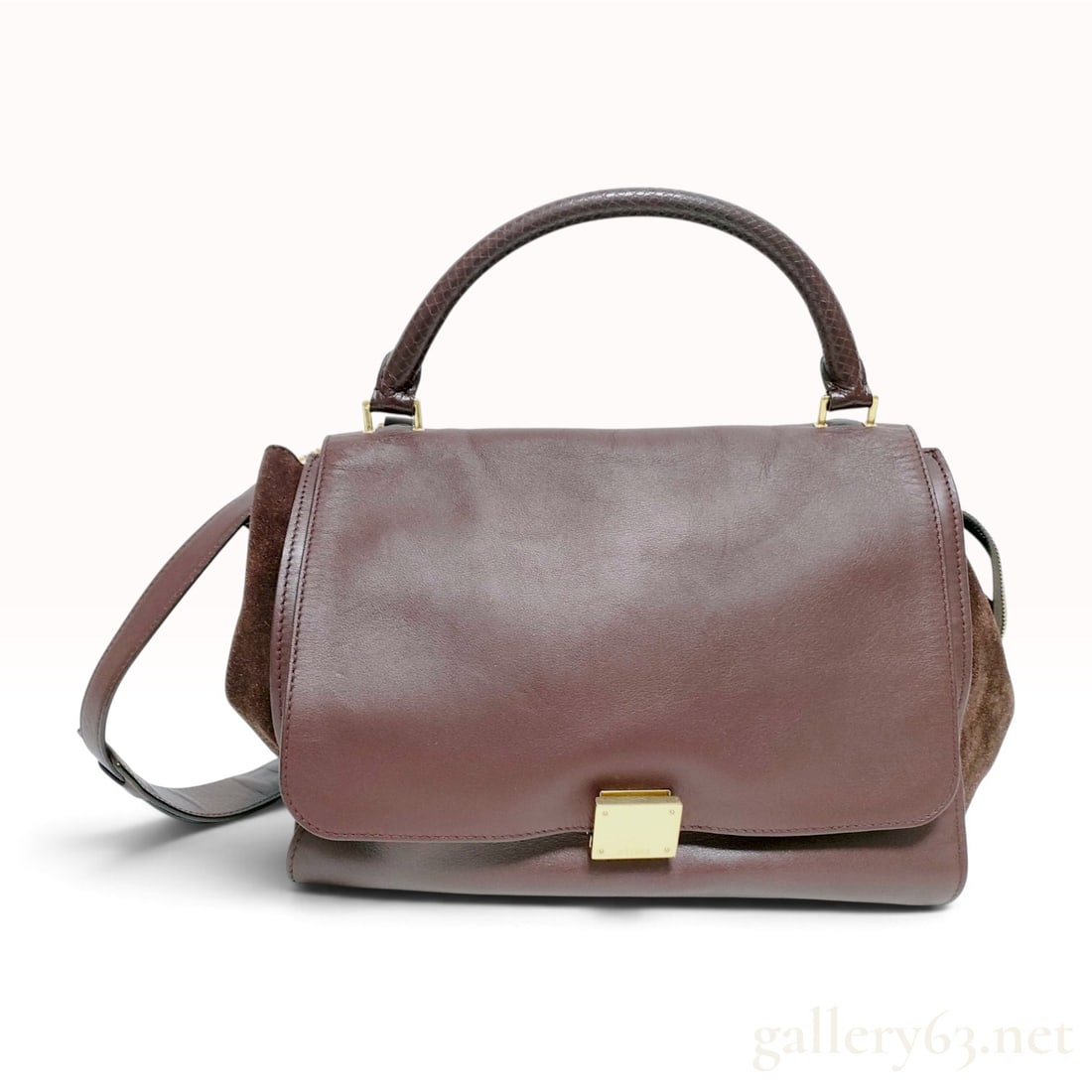 Celine Burgundy Smooth Calfskin and Suede Trapeze Bag with Python Handle (1 of 10)