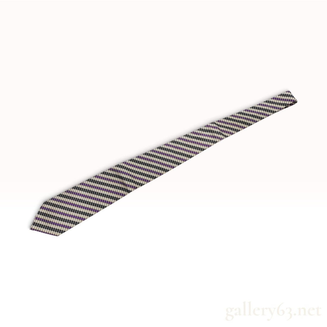 Hermes Men's Striped Silk Jacquard Necktie: This Hermes Paris necktie is constructed from 100 percent silk featuring a complex micro-woven jacquard pattern. The design consists of diagonal textured stripes in a palette of purple, dark charcoal 
