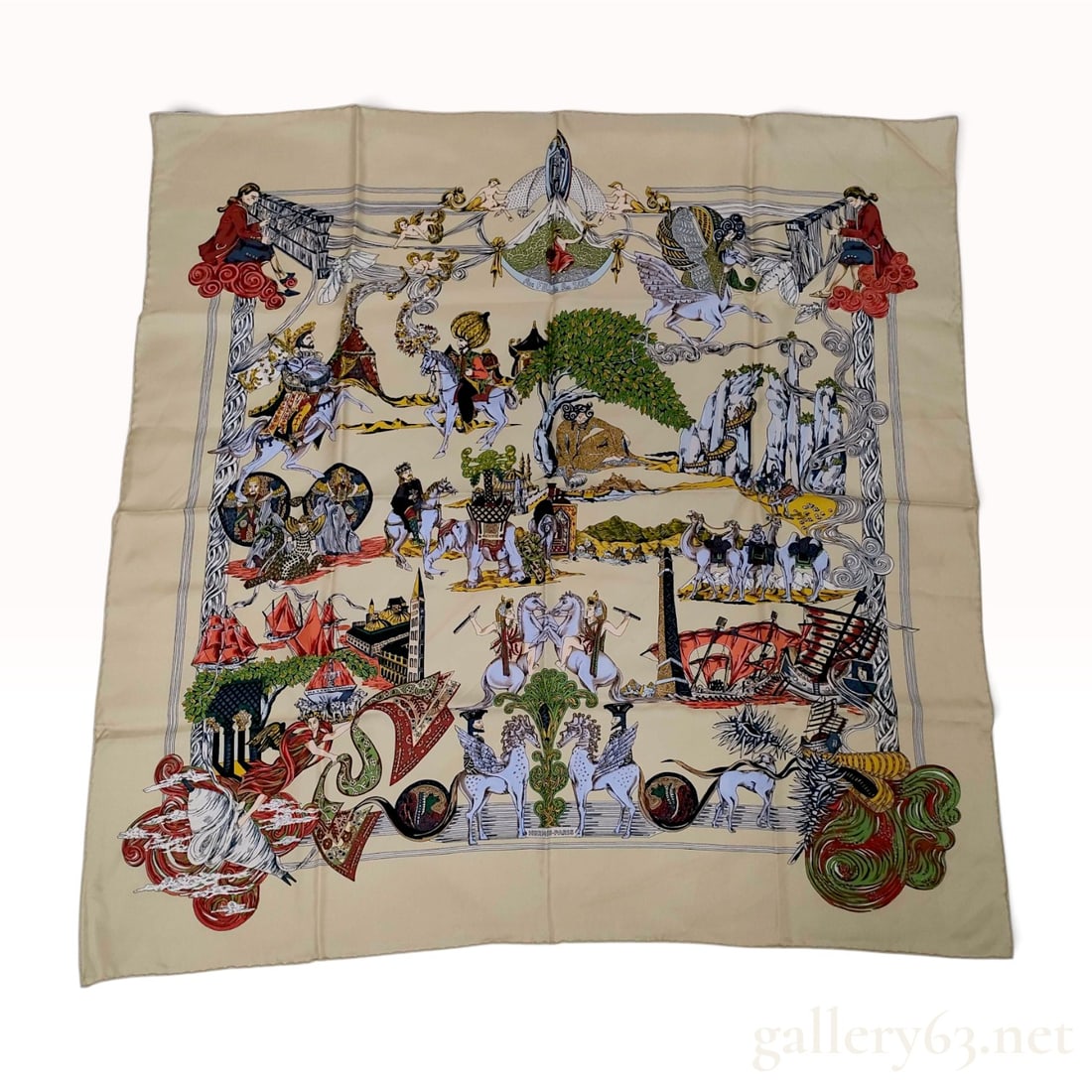 Hermes Au Fil de la Soie Silk Scarf by Annie Faivre: A Hermes silk twill scarf featuring the Au Fil de la Soie (On the Silk Thread) pattern designed by artist Annie Faivre, first issued in 1995. The design consists of a cream ground with a multicolored