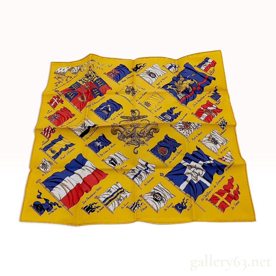Hermes Pavois Silk Gavroche Scarf: An authentic Hermes silk gavroche scarf, also known as a pocket square, featuring the Pavois pattern designed by Philippe Ledoux. The design depicts a variety of historical European naval and
