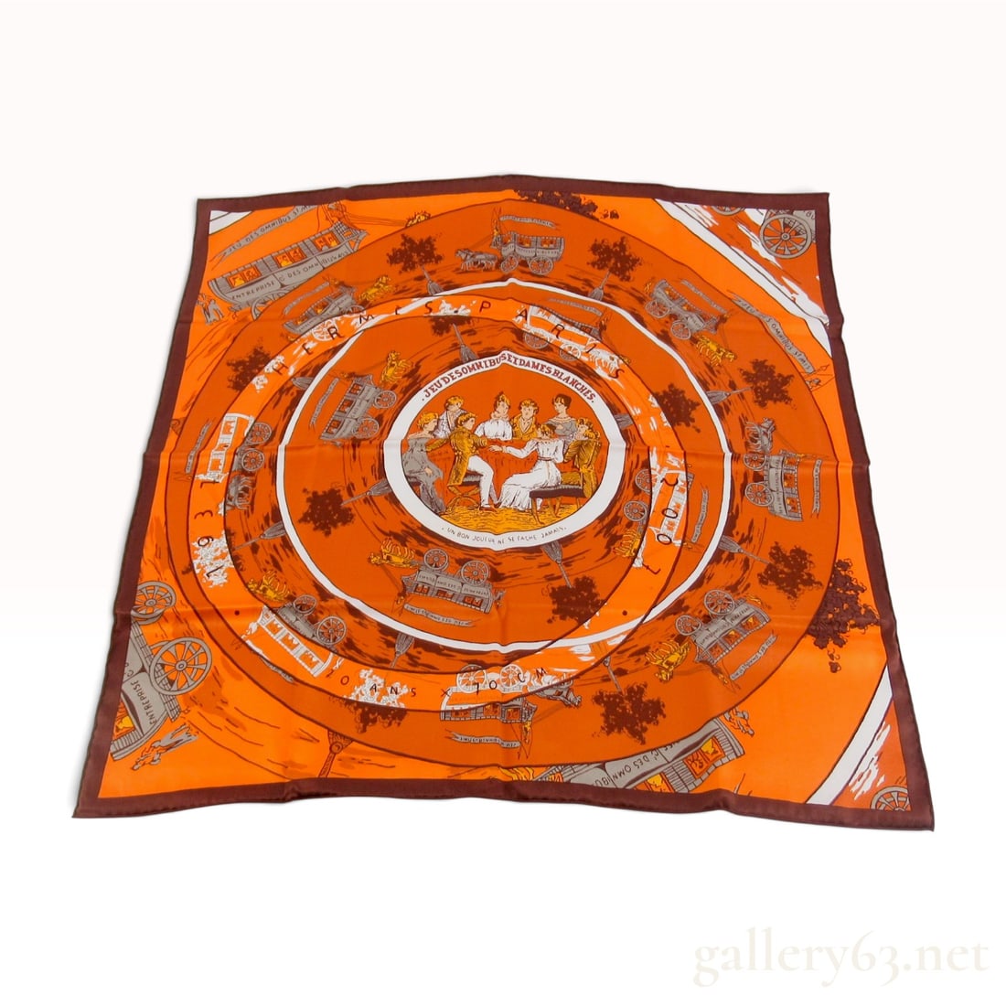 Vintage Hermes Jeu des Omnibus et Dames Blanches Orange Silk Scarf 70 cm: This item is in excellent condition. A Hermes silk twill scarf in the Jeu des Omnibus et Dames Blanches pattern, featuring the brand's historic first scarf design originally released in 1937. This spe