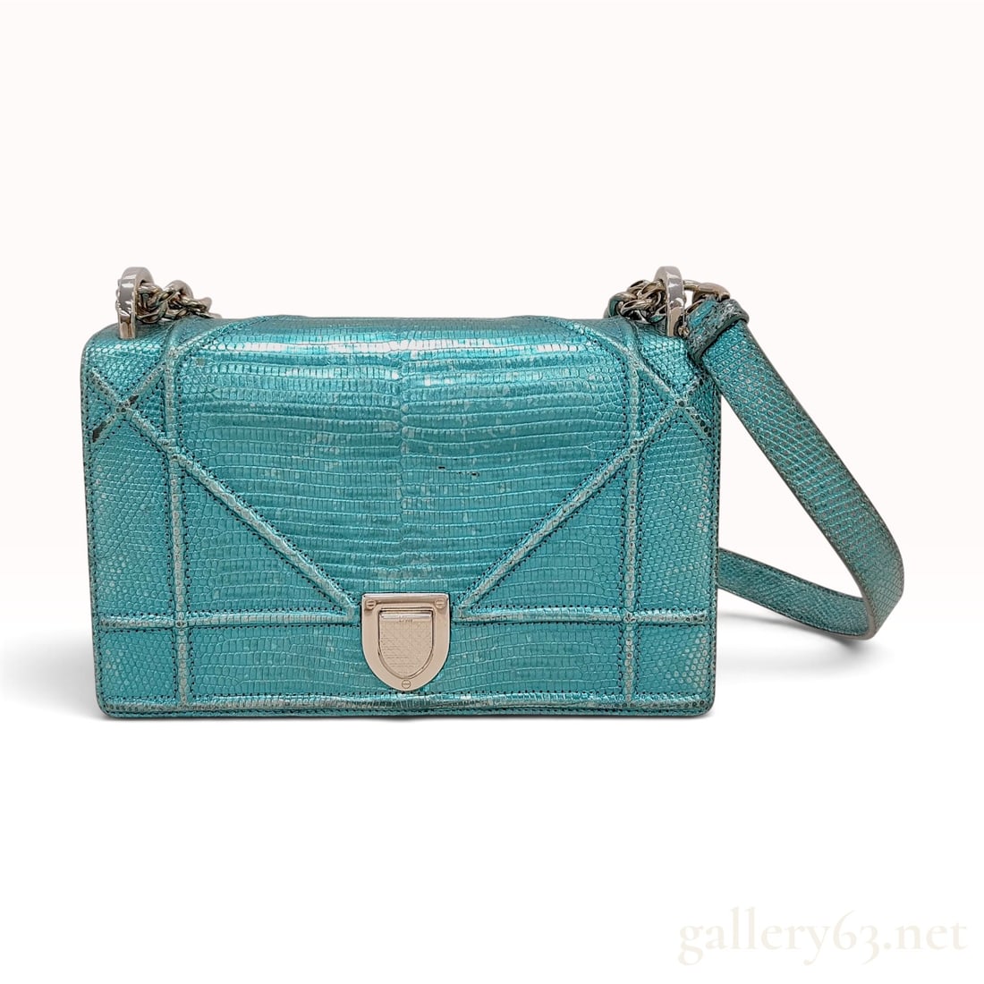 Christian Dior Metallic Turquoise Lizard Small Diorama Shoulder Bag: A structured Diorama shoulder bag by Christian Dior, crafted from metallic turquoise lizard skin, representing a rare colorway and find. The exterior features the signature architectural cannage geome