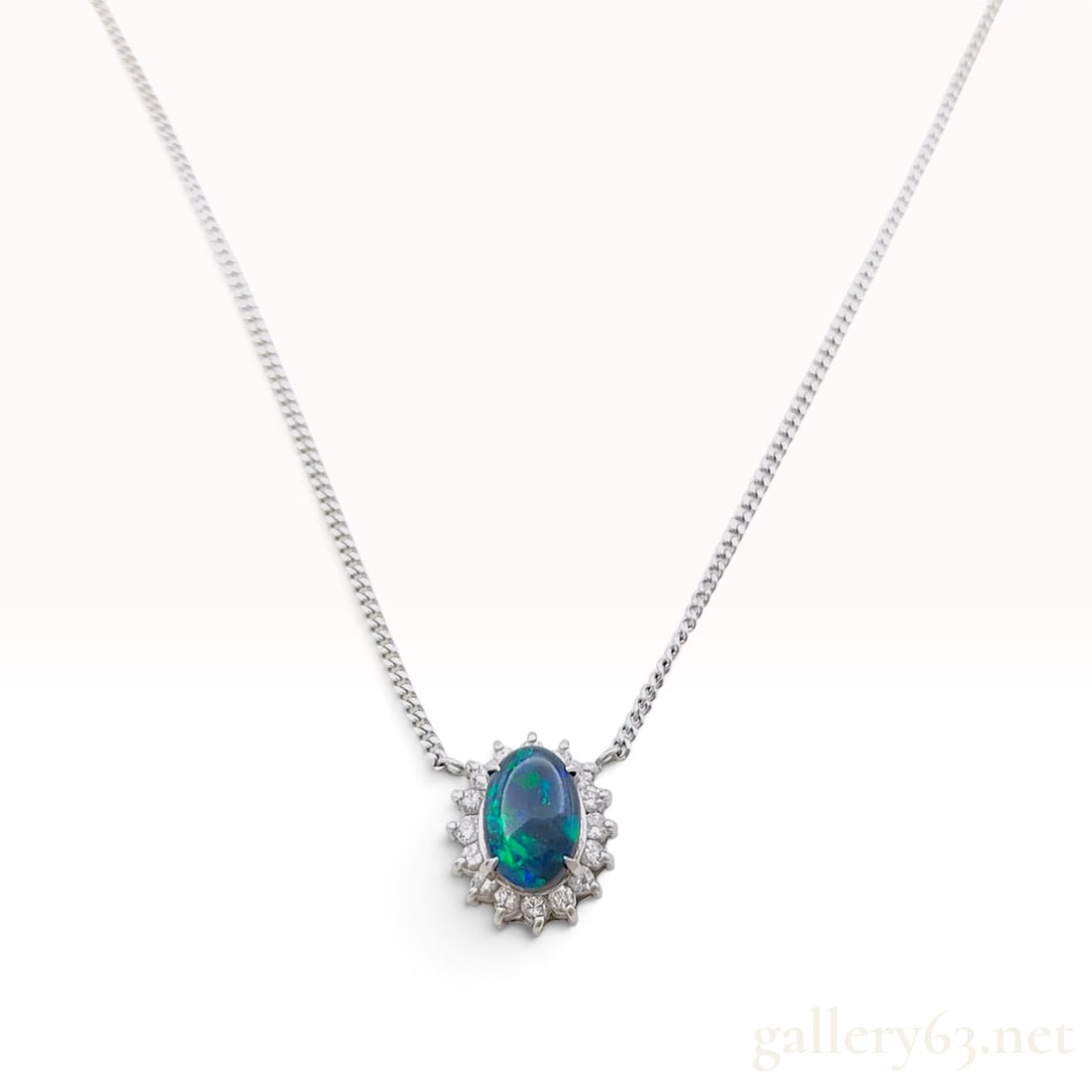 Platinum Black Opal and Diamond Halo Pendant Necklace (1 of 8)