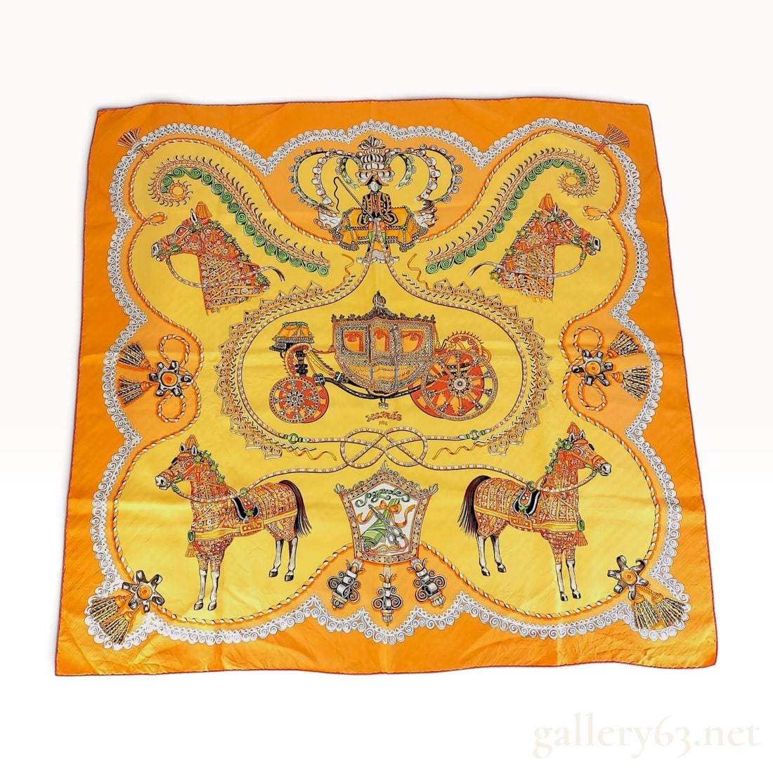 Hermes Paperoles Silk Scarf: An authentic Hermes silk twill scarf in the Paperoles pattern, designed by Claudia Stuhlhofer-May. The intricate design showcases an ornate nineteenth-century carriage and four horses in elaborate har