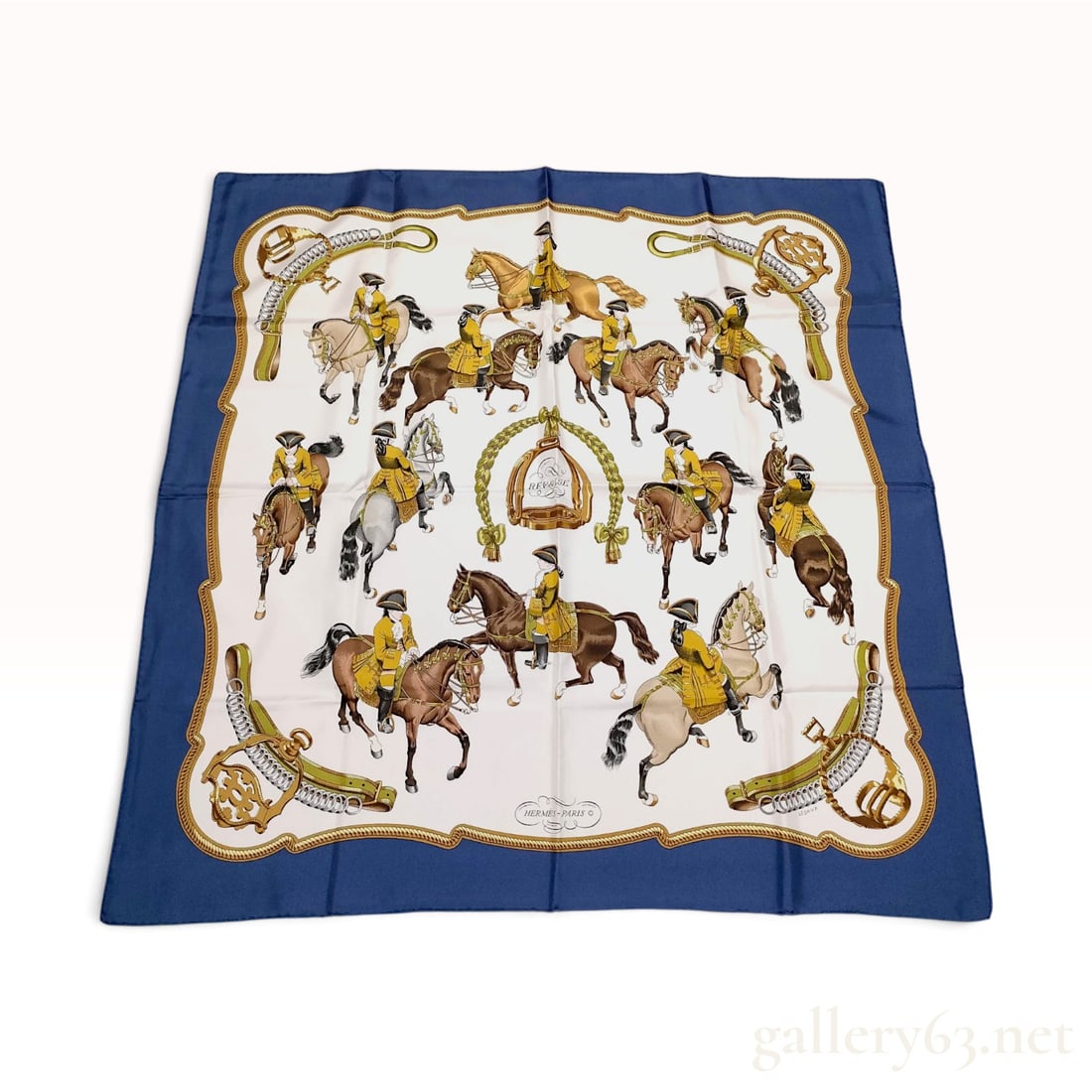 Hermes Reprise Silk Carre 90 Scarf by Philippe Ledoux: A Hermes silk twill scarf in the Reprise pattern designed by artist Philippe Ledoux. The design features a classical equestrian theme with riders in 18th-century yellow livery performing various dress