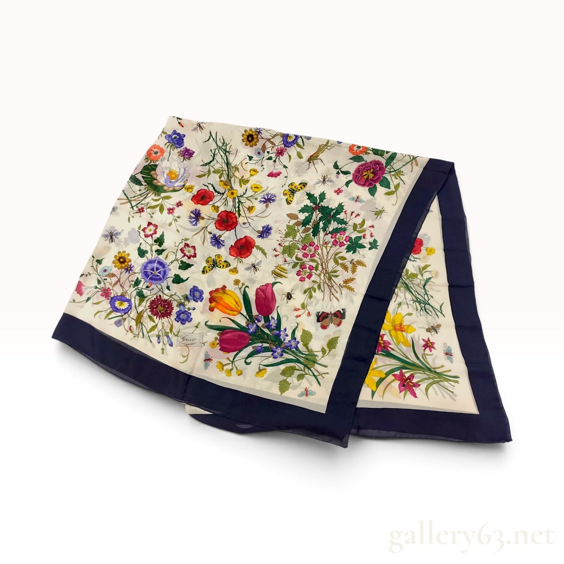 Gucci Flora Print Silk Scarf with Navy Border (1 of 10)