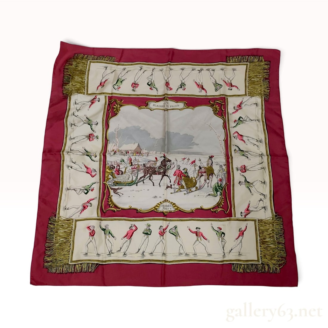 Hermes Les Plaisirs du Froid 90cm Silk Twill Scarf: An Hermes 90cm silk twill scarf in the Les Plaisirs du Froid pattern, featuring a design originally created by Hugo Grygkar in 1955. The central composition displays a 19th-century winter scene on a f
