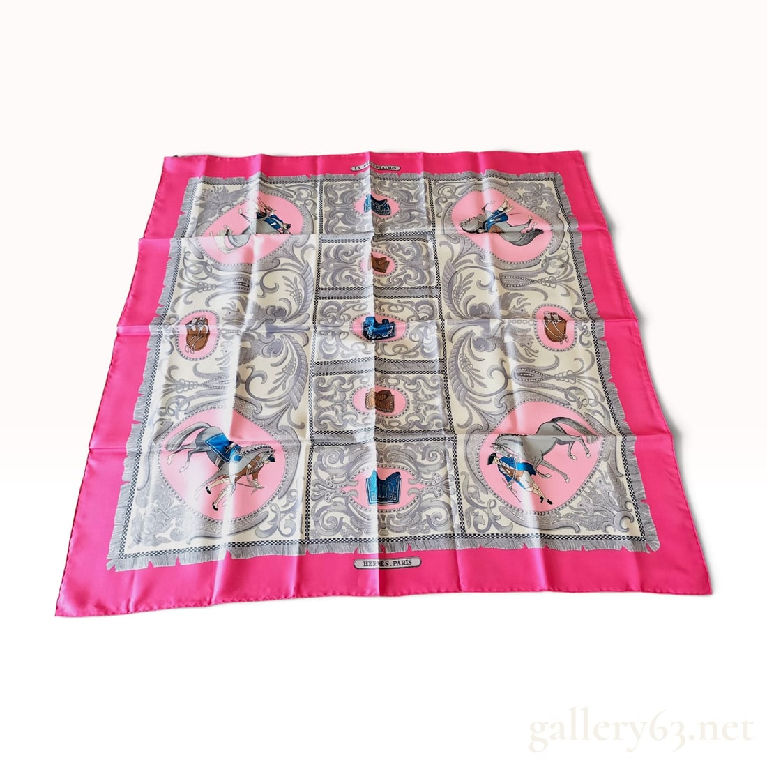 Vintage Hermes La Presentation Pink Silk Carre 90: This item is in excellent condition. A Hermes silk carre 90 in the La Presentation equestrian motif, originally designed by Philippe Ledoux. Crafted from 100% silk twill, the design features a white g