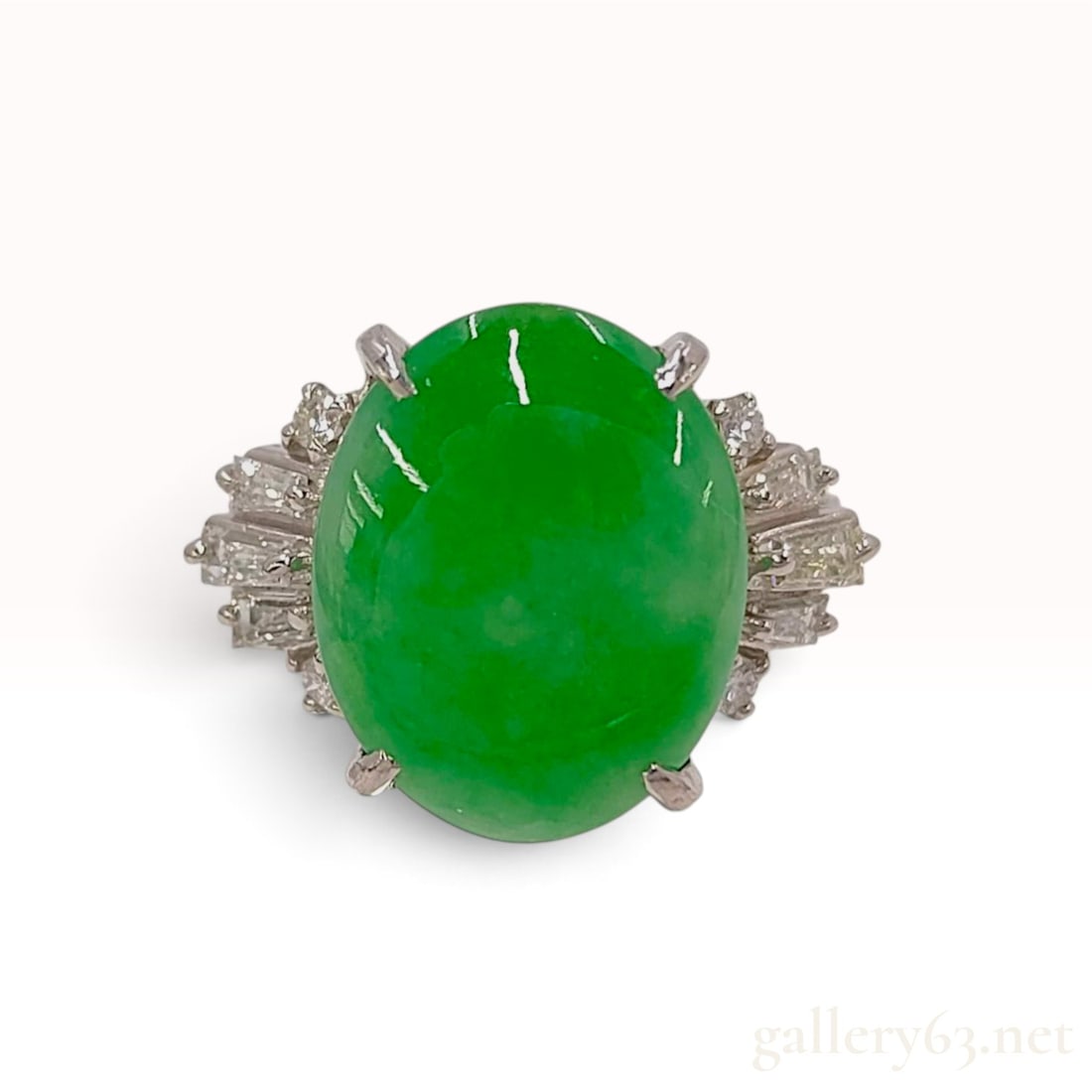Platinum 5.45ct Natural Jadeite and 0.40ctw Natural Diamond Cocktail Ring US Size 5 with Sorting: This platinum cocktail ring features a prominent central gemstone and tiered diamond shoulders. The center stone is a 5.45ct natural green jadeite jade oval cabochon held in a four-prong setting with 