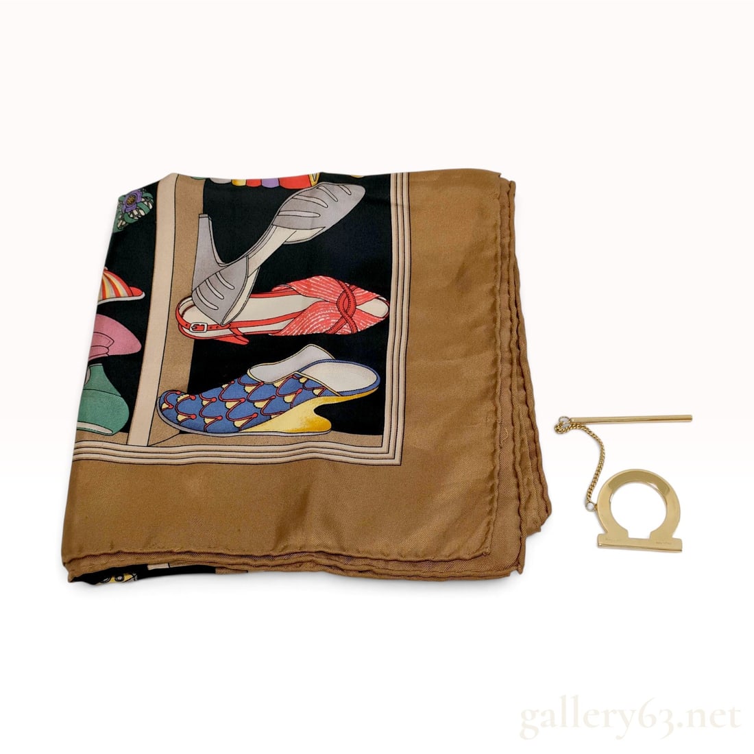 Vintage Salvatore Ferragamo Shoe Museum Silk Scarf Carre 90 with Gancini Scarf Ring: This Salvatore Ferragamo silk scarf carre 90 features the iconic Shoe Museum pattern, showcasing a multicolored array of the house's historical footwear designs. The central panel displays various wed