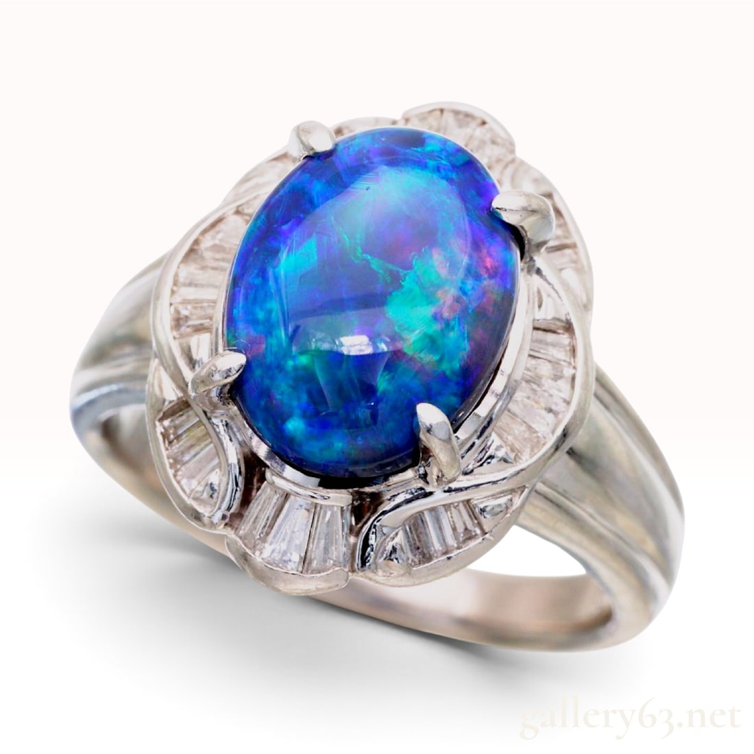 Pt900 3.49ct Natural Black Opal and 0.32ctw Natural Diamond Ballerina Ring W/Certificate: This ballerina-style cocktail ring is crafted from Pt900 platinum and features a central natural black opal. The opal is an oval cabochon weighing 3.49ct, exhibiting a vibrant blue and green play-of-c