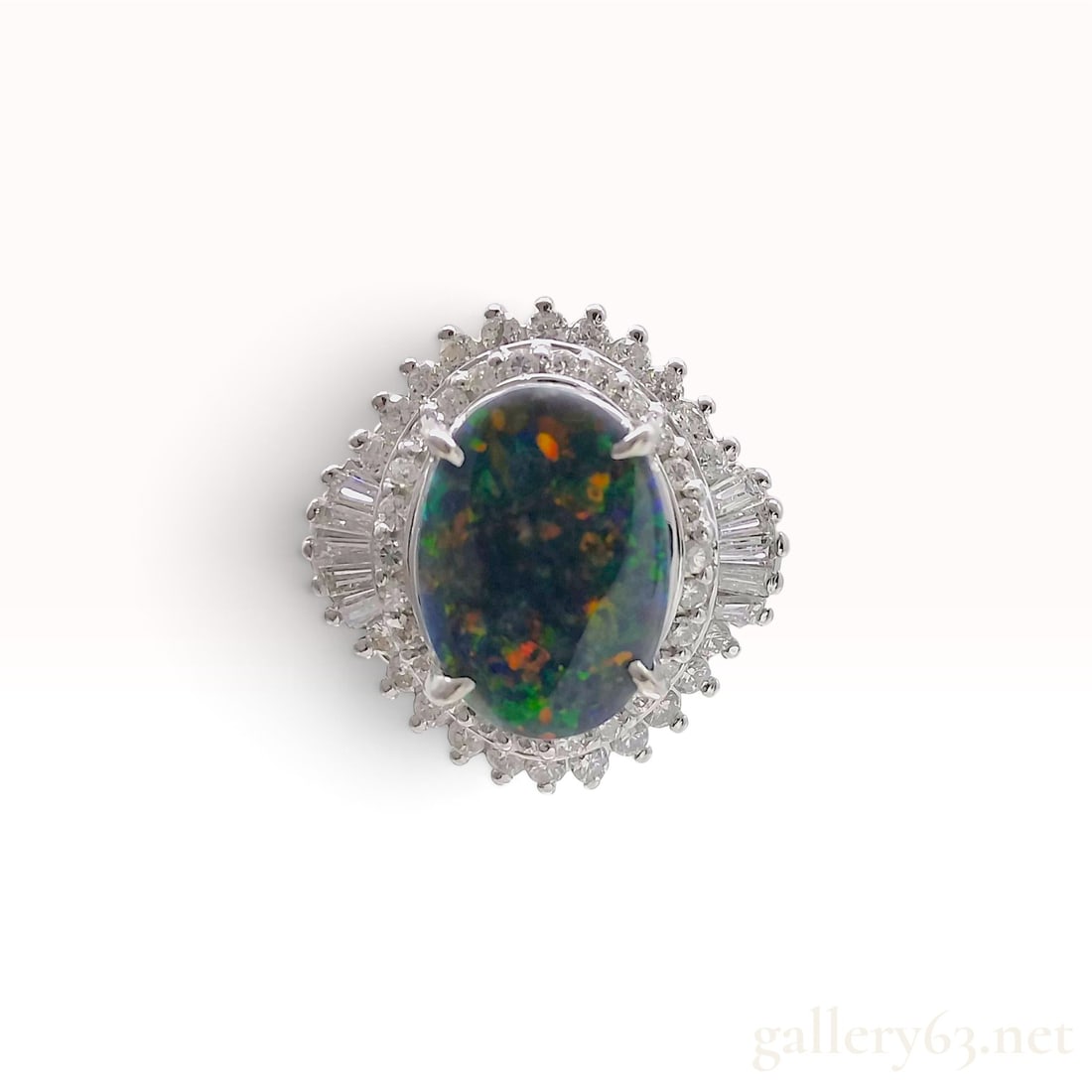 Platinum 2.14ct Black Opal and 0.60ctw Natural Diamond Ring Size 5.5: A newly finished platinum cocktail ring featuring a centrally set 2.14ct oval cabochon black opal exhibiting a dark body tone with multi-colored play-of-color showing flashes of green, red, orange, an