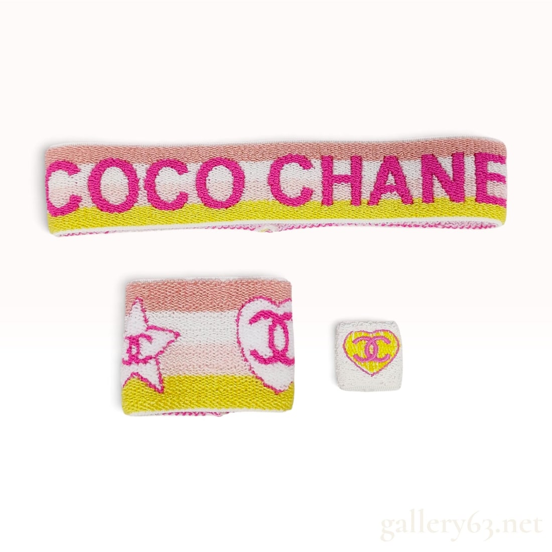 Campy Vintage Chanel Sport Line Multicolor Terry Cloth Sweatband Set with Box: This Chanel sweatband set is crafted from elasticized multicolor striped terry cloth. The three-piece collection includes a headband, a wristband, and a smaller band suitable for use as a hair or fing