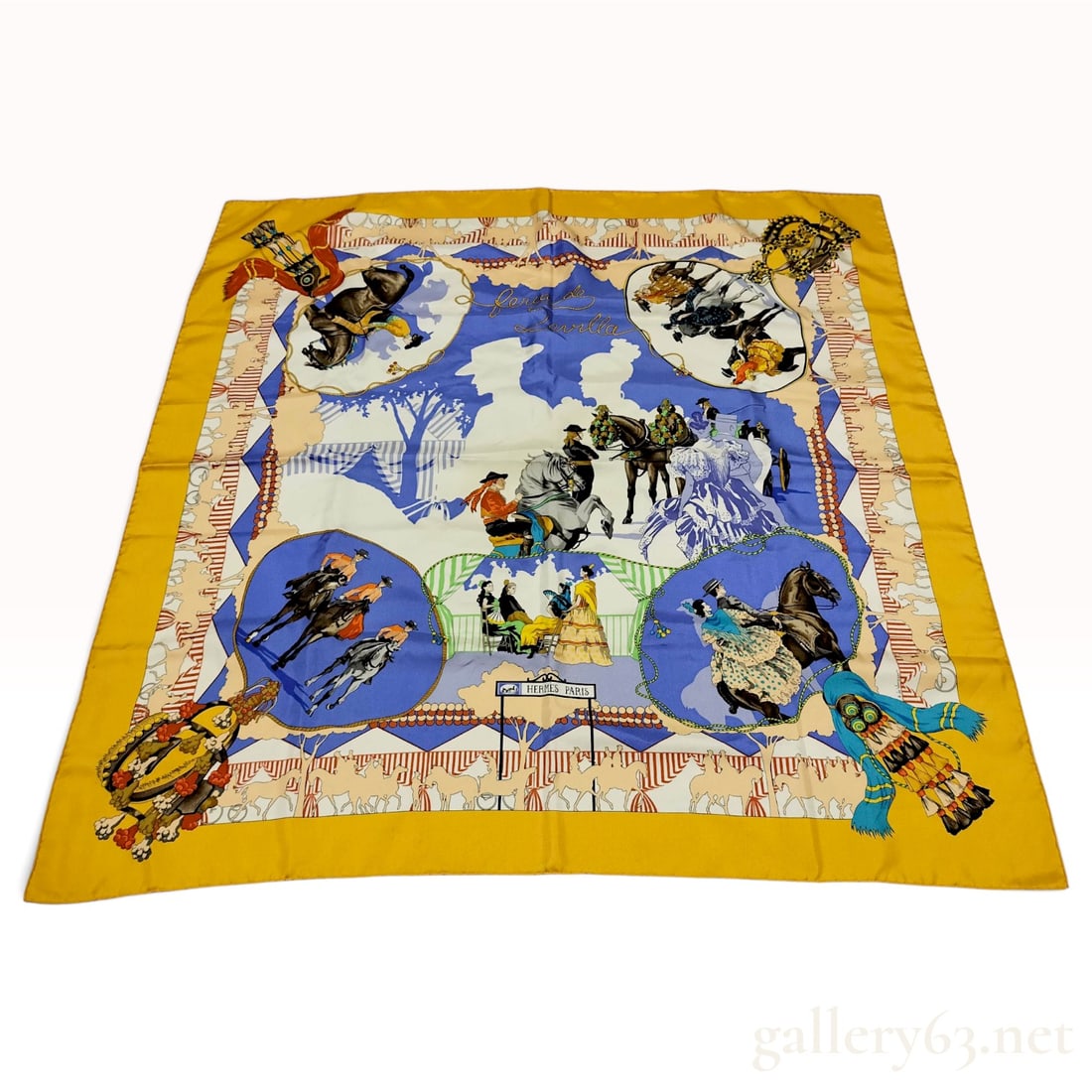 Vintage Hermes Feria de Sevilla Yellow Silk Carre 90: This vintage Hermes silk carre 90 in the Feria de Sevilla pattern was designed by artist Hubert de Watrigant and first issued in 1996. The design illustrates traditional Spanish festival scenes includ