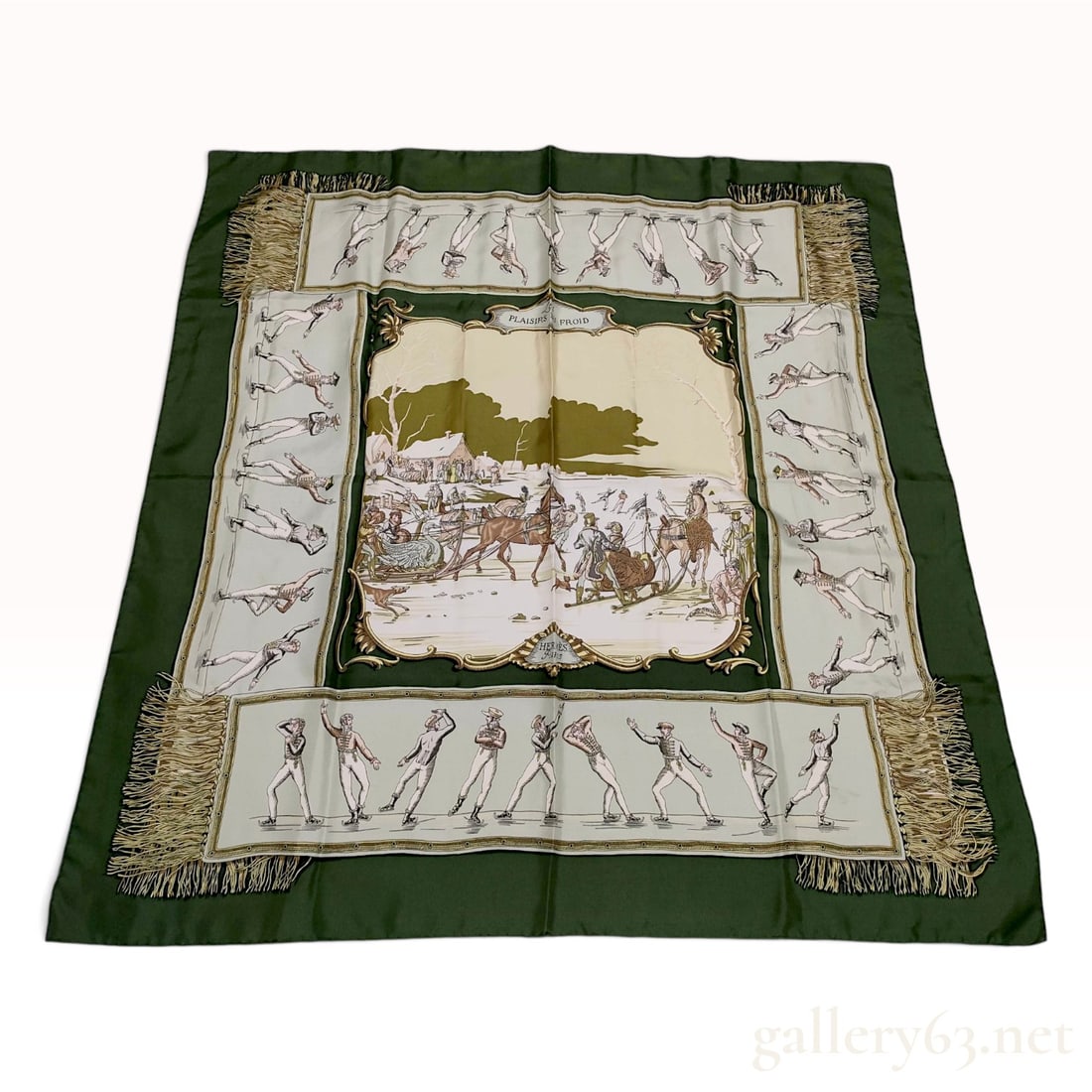 Vintage Hermes Les Plaisirs du Froid Forest Green Silk Carre 90: This is an Hermes silk carre 90 in the Les Plaisirs du Froid (The Pleasures of the Cold) pattern designed by Pierre Marie. The design features a central winter landscape scene with horse-drawn sleighs