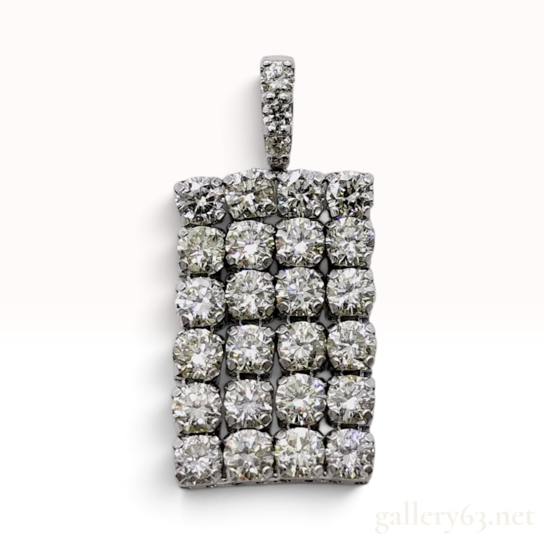 Platinum and 1.00ctw Natural Diamond Rectangular Cluster Pendant: This articulated rectangular cluster pendant is crafted from Pt900 platinum and set with natural diamonds. The primary design features twenty-four round brilliant-cut natural diamonds arranged in a fo
