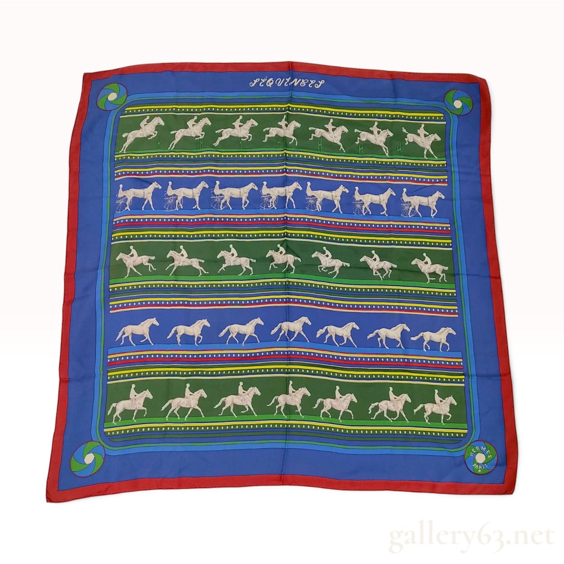 Vintage Hermes Sequences Silk Carre 90: This Hermes silk carre 90 is crafted from silk twill in the Sequences pattern. The design features five horizontal registers depicting various equestrian activities, including jumping hurdles, pulling