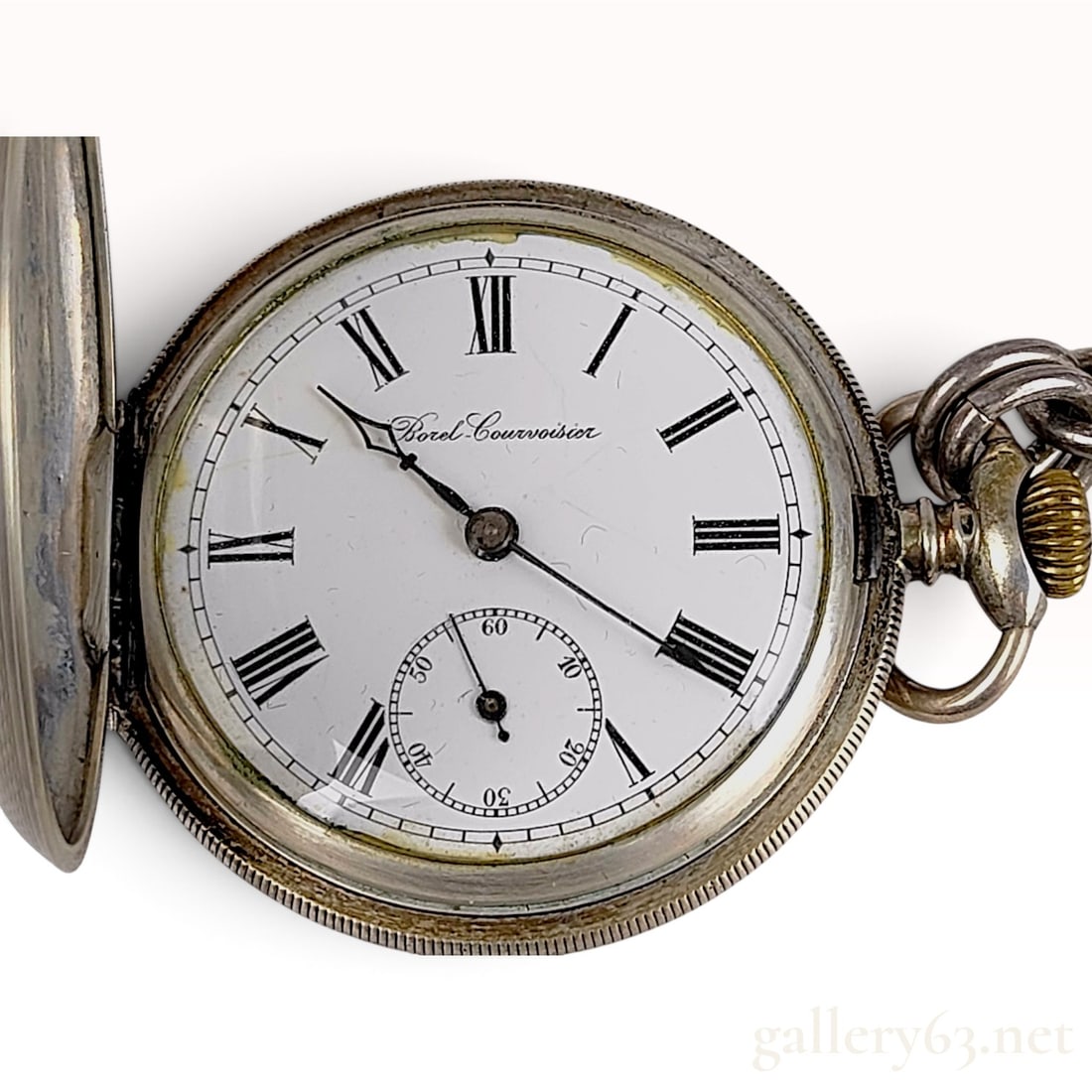 Vintage Borel-Courvoisier .800 Silver Hunter-Case Pocket Watch with Takashi.W Fob: This is a vintage Borel-Courvoisier hunter-case pocket watch featuring a .800 silver case. The white enamel dial displays Roman numeral hour markers, a rail-track minute scale, and a recessed sub-seco