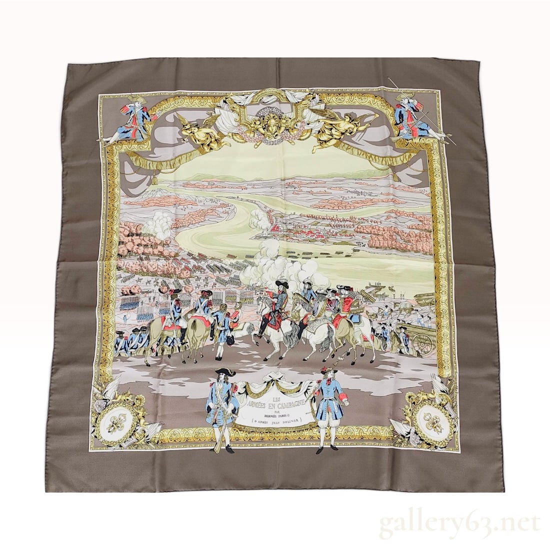 Vintage Hermes Les Armees en Campagne Silk Carre 90: This Hermes silk carre 90 features the Les Armees en Campagne pattern, designed after the works of Juan Dolivar. The composition depicts an expansive 18th-century military campaign with cavalry, infan