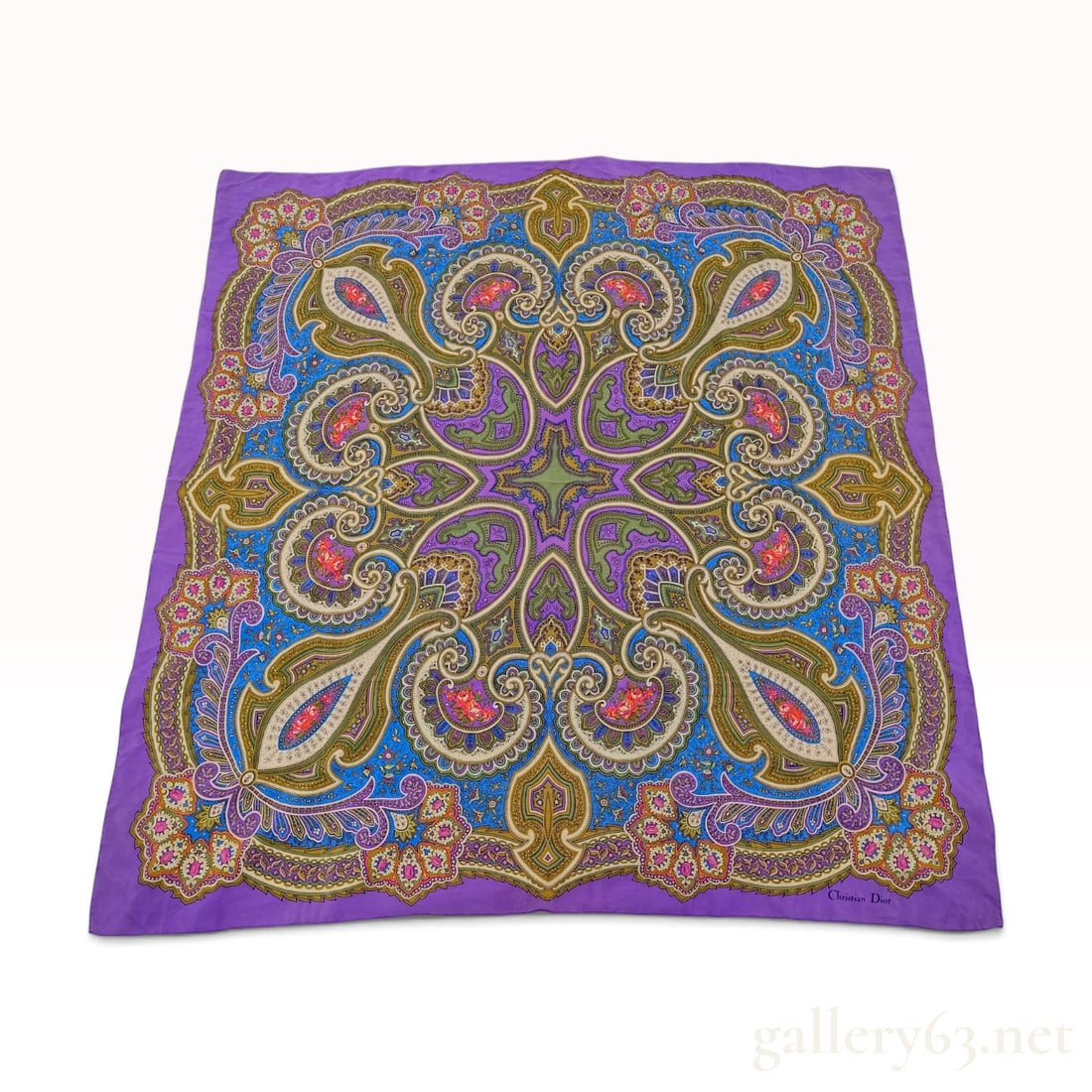 Vintage Christian Dior Paisley Medallion Purple Silk Scarf 90 cm: This Christian Dior silk scarf features an ornate, symmetrical paisley medallion design centered within a wide, vibrant purple border. The complex pattern is composed of scrolling foliage, large teard