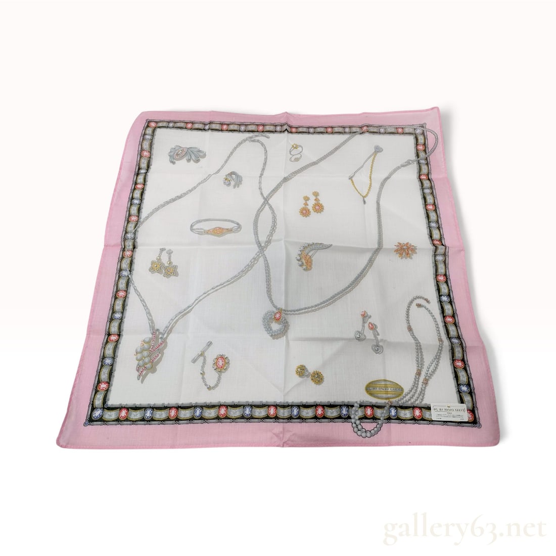NWT PG by Paolo Gucci Jewelry Print Pink Cotton Scarf 45 cm: This PG by Paolo Gucci cotton scarf is decorated with an intricate jewelry-themed print set against a white central field. The design features various illustrations of pearl and gemstone necklaces, dr