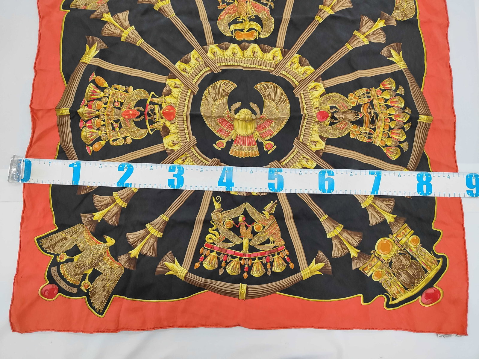Vintage Hermes Egypte Black and Orange Silk Carre 90 - 2