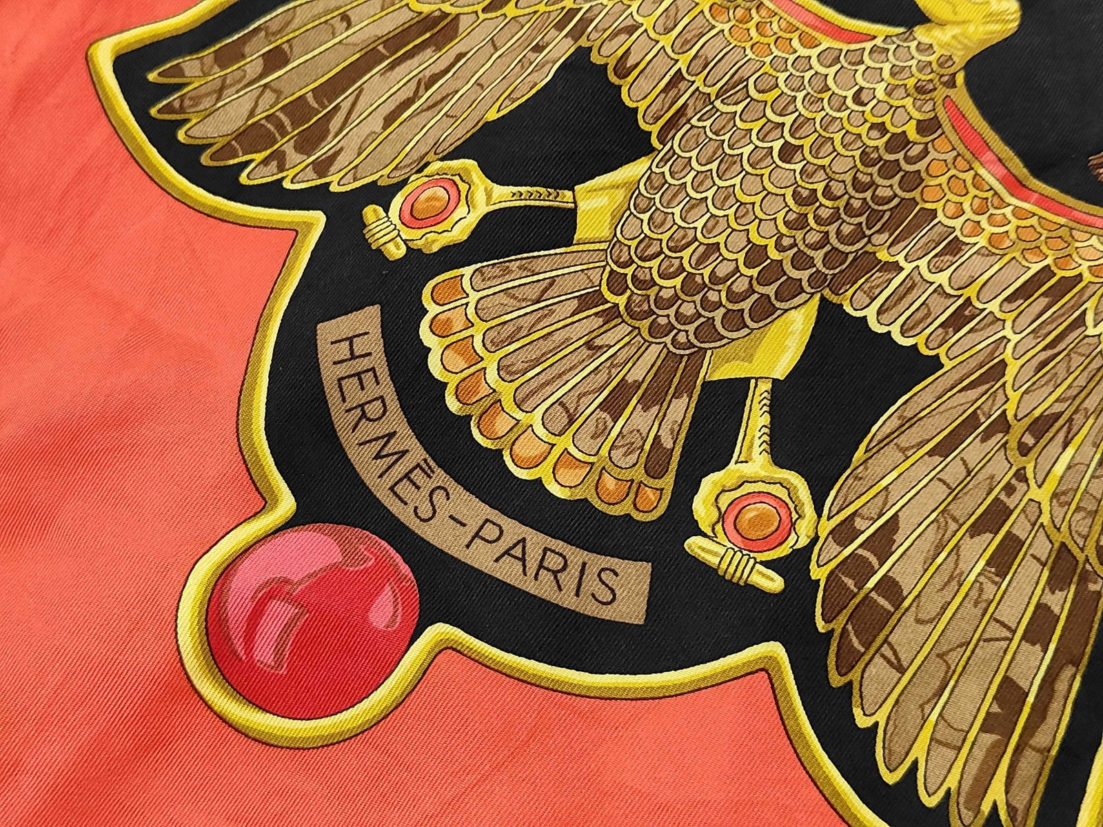 Vintage Hermes Egypte Black and Orange Silk Carre 90 - 3