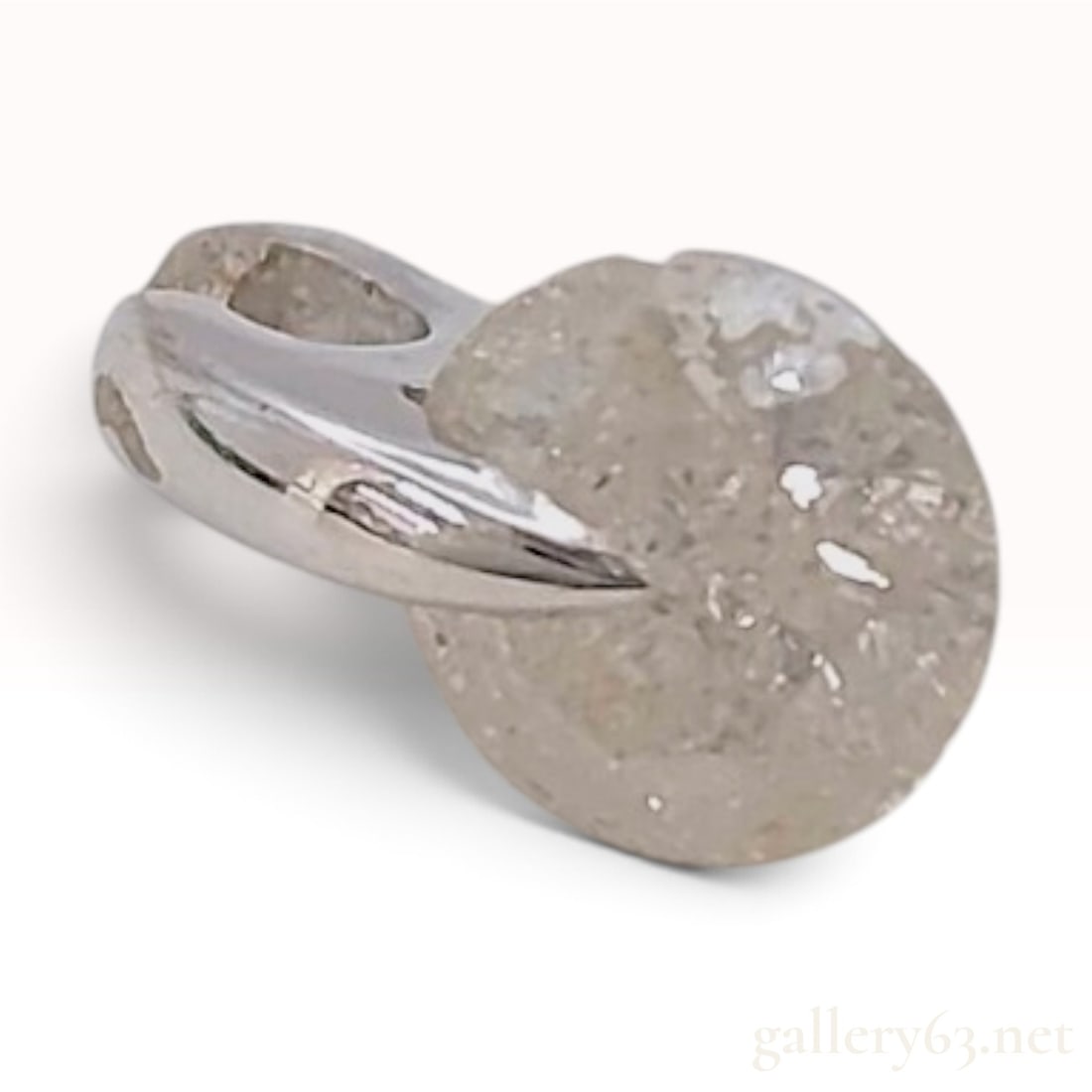 1.0ct Natural Diamond 18KWG Bypass Slide Pendant: This contemporary slide pendant is crafted from 18 karat white gold and features a 1.0ct natural diamond. The stone is a translucent gray, rustic diamond with heavy internal inclusions and rose-cut fa