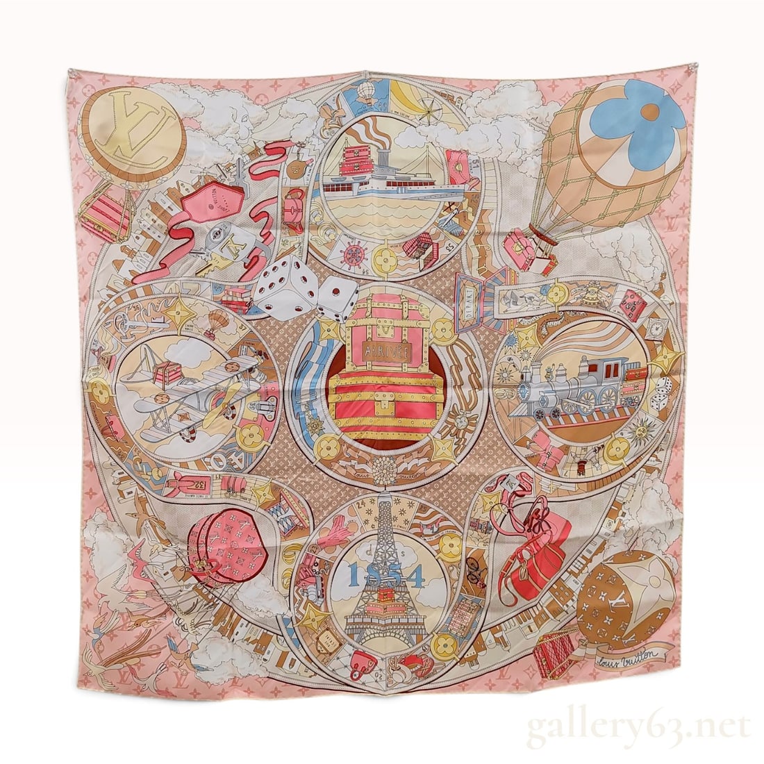Louis Vuitton LV Journey Silk Carre 90: This Louis Vuitton silk carre 90 is decorated in the LV Journey pattern, featuring a central illustration of stacked trunks labeled ARRIVEE. The central medallion is surrounded by vignettes depicting 