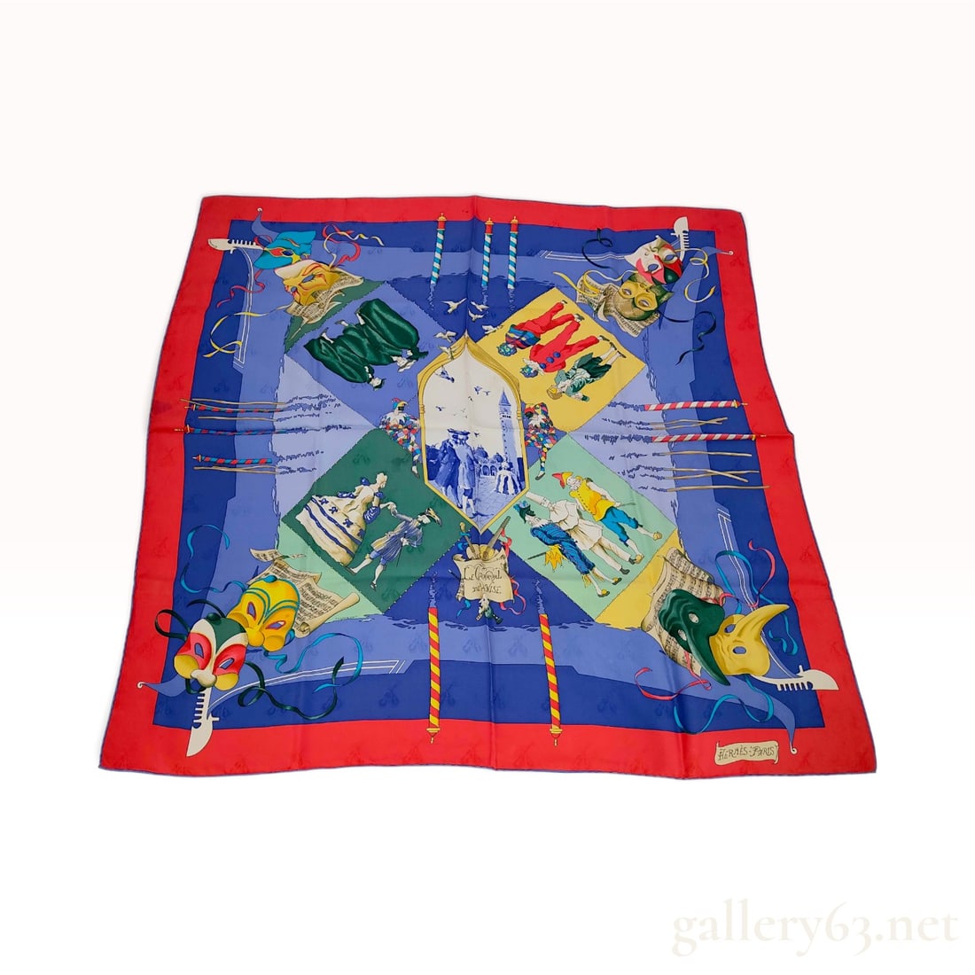 Vintage Hermes Le Carnaval de Venise Silk Jacquard Carre 90: This is a vintage Hermes silk carre 90 in the Le Carnaval de Venise pattern designed by Hubert de Watrigant. The design features a central white vignette depicting St. Mark's Square with pigeons, surr