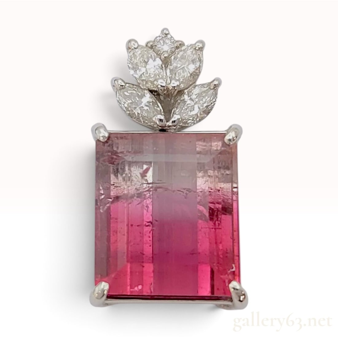 Pt900 Platinum 8.10ct Parti-colored Tourmaline and 0.46ctw Natural Diamond Pendant with CGL Report: This platinum pendant centers a natural parti-colored tourmaline in a rectangular step cut, weighing 8.10ct. The gemstone transitions from a pale pinkish-brown at the top to a saturated reddish-pink a