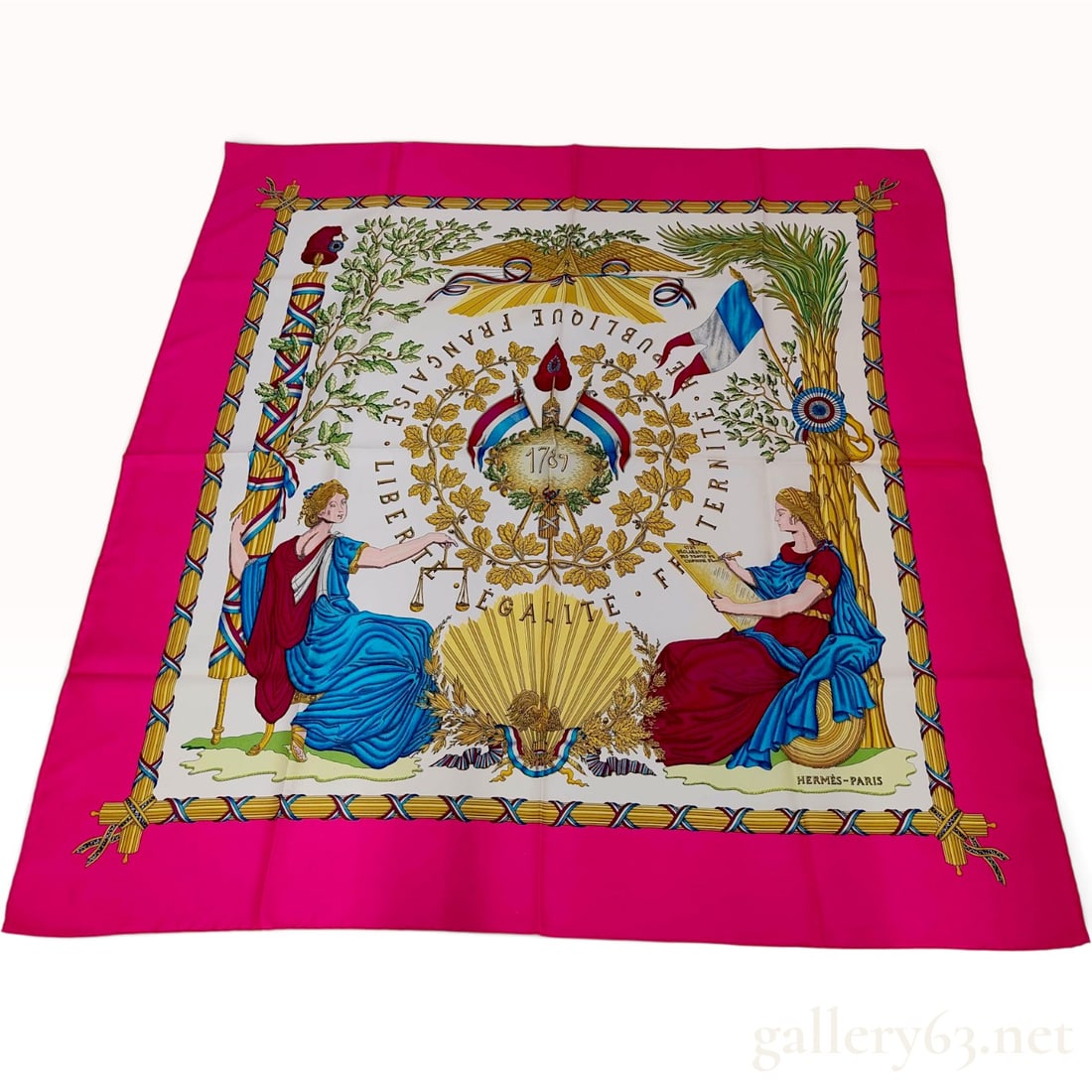Vintage Hermes Republique Francaise Liberte Egalite Fraternite Pink Silk Carre 90: This Hermes silk carre 90 is crafted from silk twill and features the Republique Francaise Liberte Egalite Fraternite (Liberty, Equality, Fraternity) pattern designed by Joachim Metz. Commissioned to 