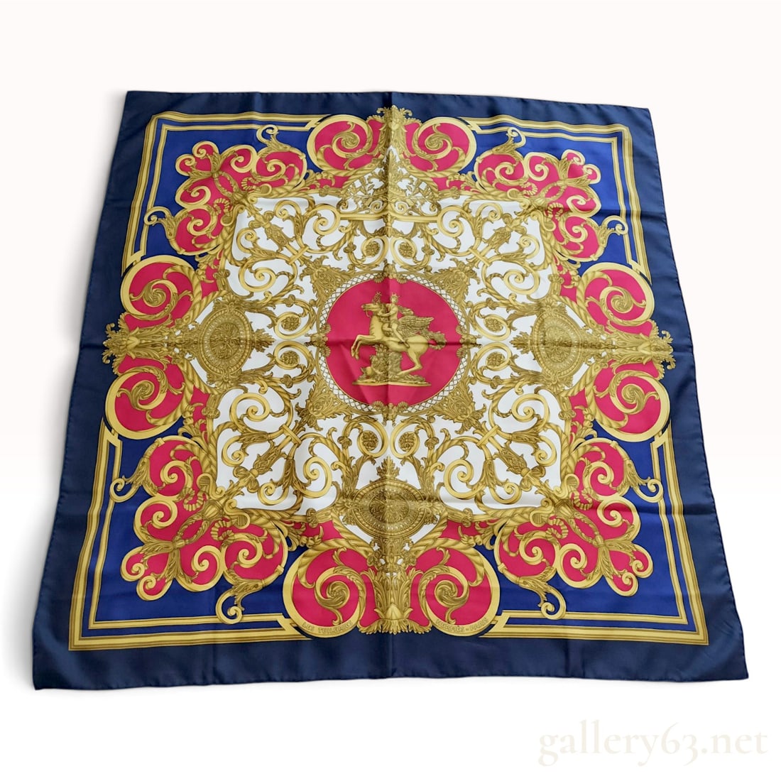 Vintage Hermes Les Tuileries Navy and Magenta Silk Carre 90 (1 of 10)