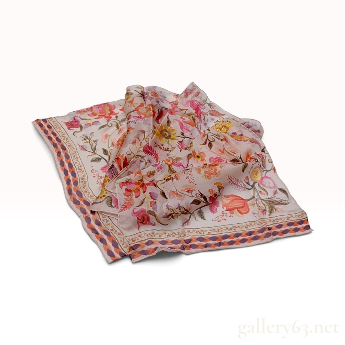 Vintage Salvatore Ferragamo Floral Botanical Blush Pink Silk Scarf: This Salvatore Ferragamo silk carre 90 is crafted from 100% silk and features a detailed botanical illustration. The print depicts a variety of flowers including lilies, daisies, and stylized blossoms