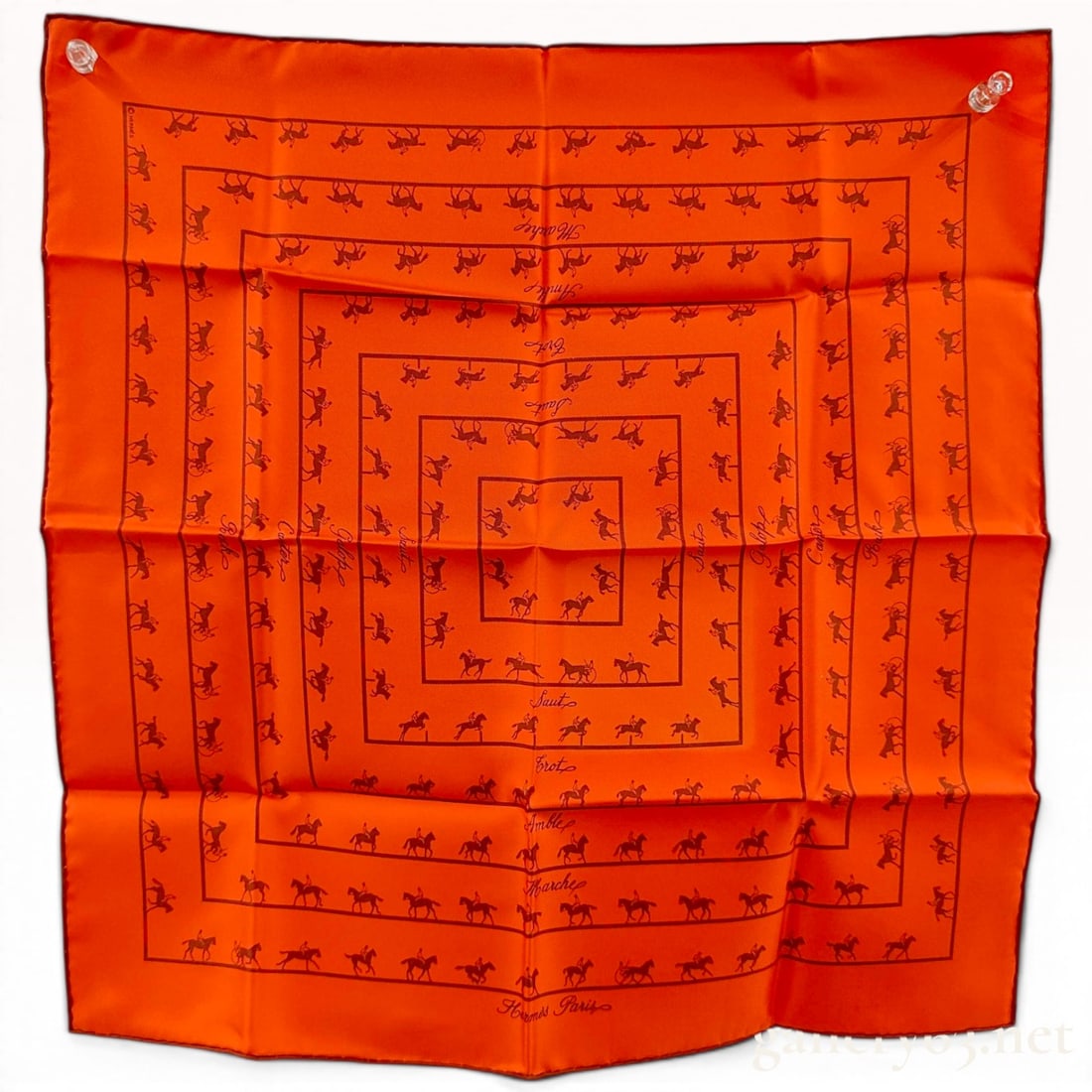Vintage Hermes Les Allures Orange Silk Carre 45 with Box: This Hermes silk carre 45 is crafted from 100% silk twill with hand-rolled and hand-stitched edges. The design, titled Les Allures, features a classic Hermes orange ground with dark brown equestrian m