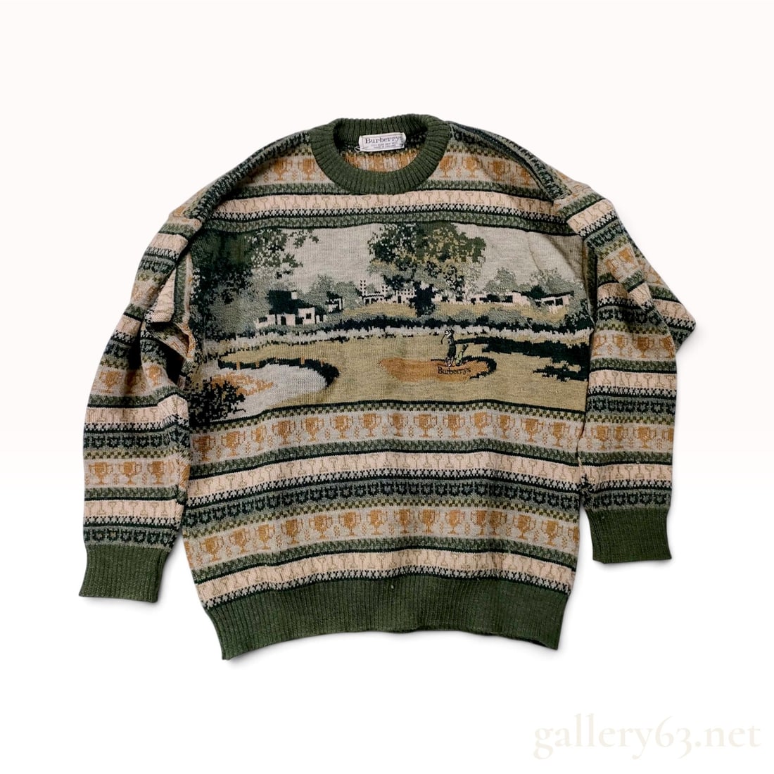 Vintage Burberrys Golf Course Motif Olive Green Wool Crewneck Sweater Size 40 (1 of 9)
