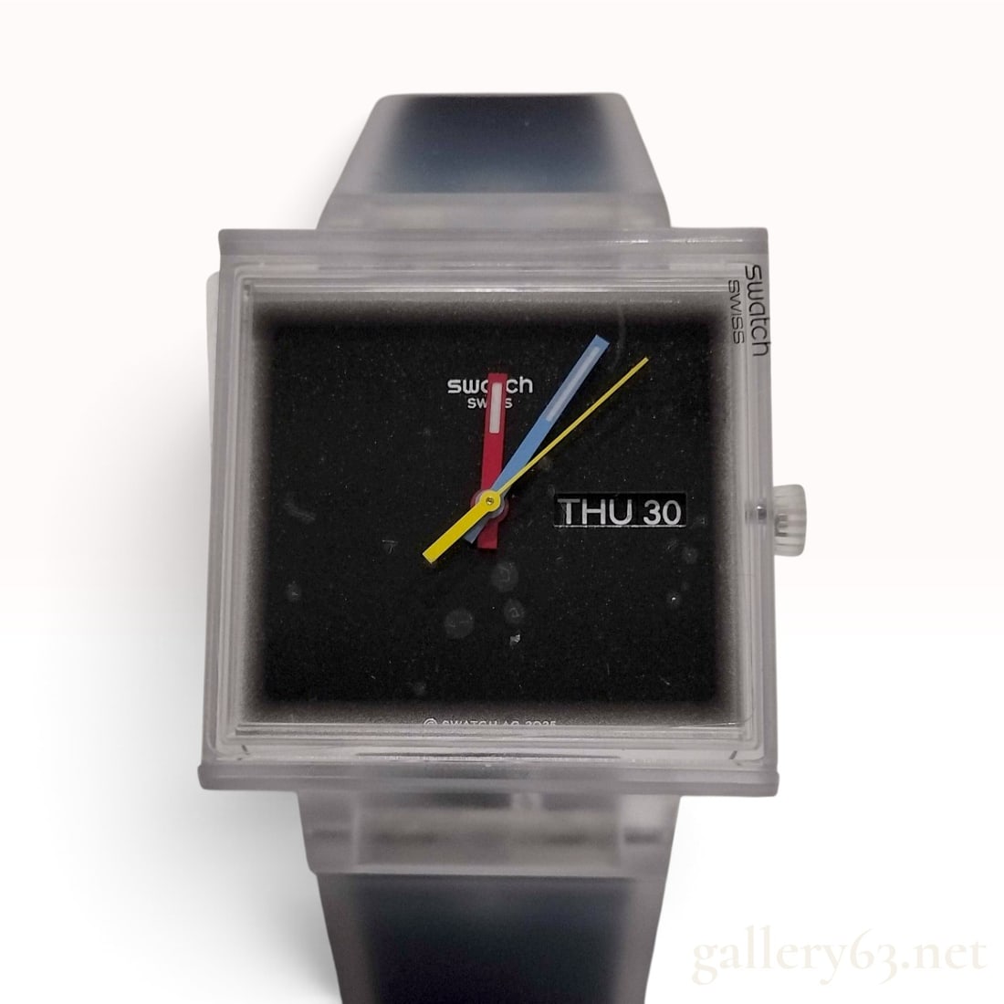 Swatch What If... See Thru Black? SO38K700 Square Bioceramic Quartz Wristwatch 33.2mm: This Swatch What If... See Thru Black? reference SO38K700 square wristwatch is crafted from frosted translucent bio-sourced material. The timepiece features a matte black dial set with high-contrast h