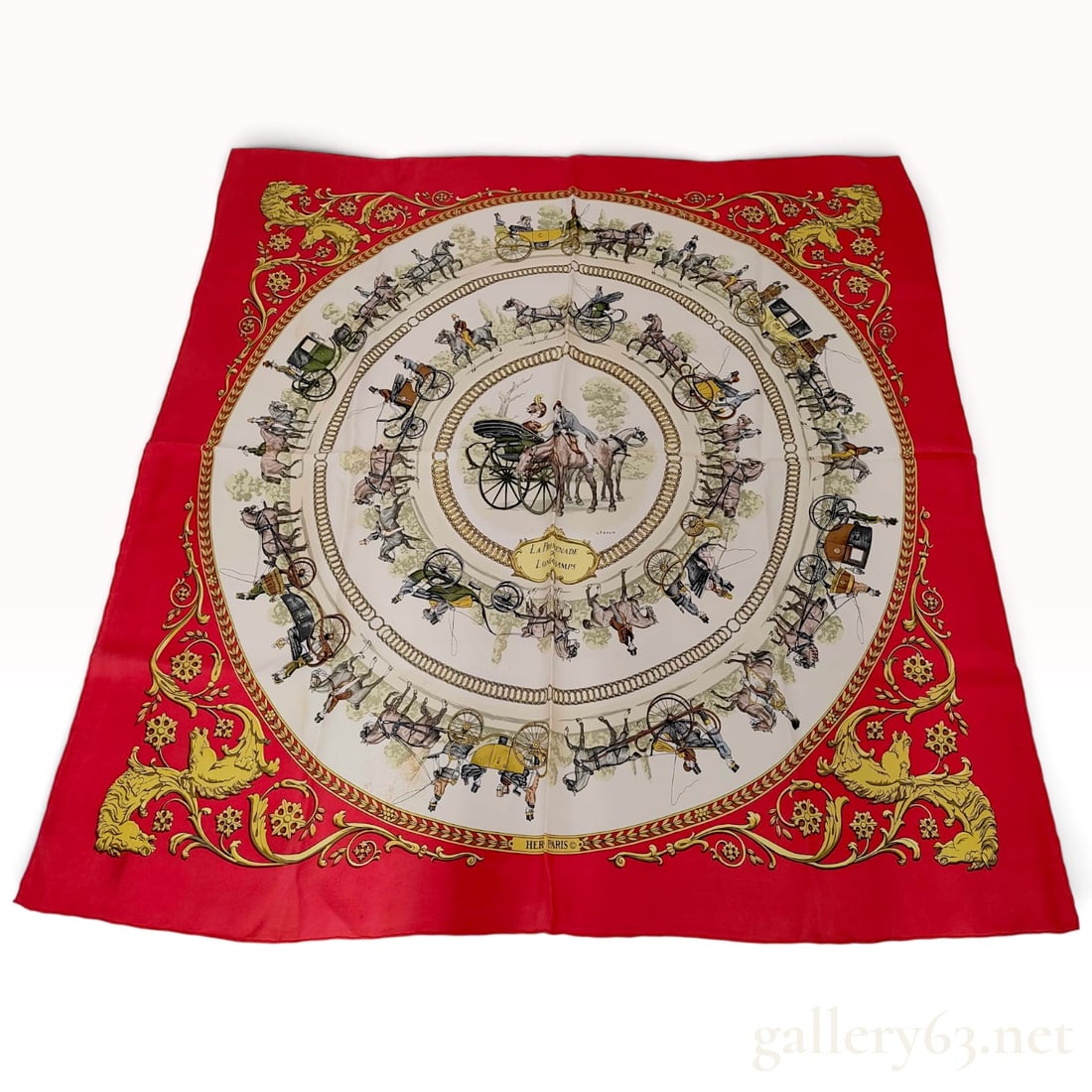 Vintage Hermes La Promenade de Longchamps (The Longchamps Walk) Red Silk Carre 90 (1 of 7)